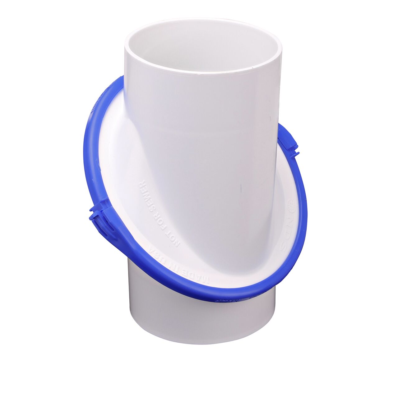 View of straight up angle of the NDS PVC Variable-Angled elbow (NDS 4PVAF), which allows for zero to 90 degree variance and connects 4 in. Sewer and Drain pipes