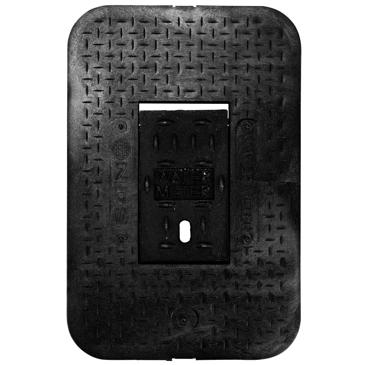 Top Down View of the Top of 14 in. X 19 in. Rectangular Black Plastic Meter Box Cover with Cast Iron Drop-In Reader (NDS D1200-DICIR)
