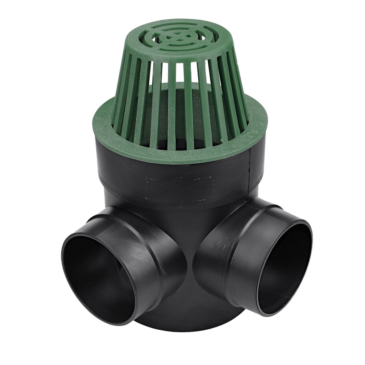 NDS Green Plastic 6 in. Atrum Grate (NDS 80) installed to a double outlet Spee-D Basin (NDS 250)