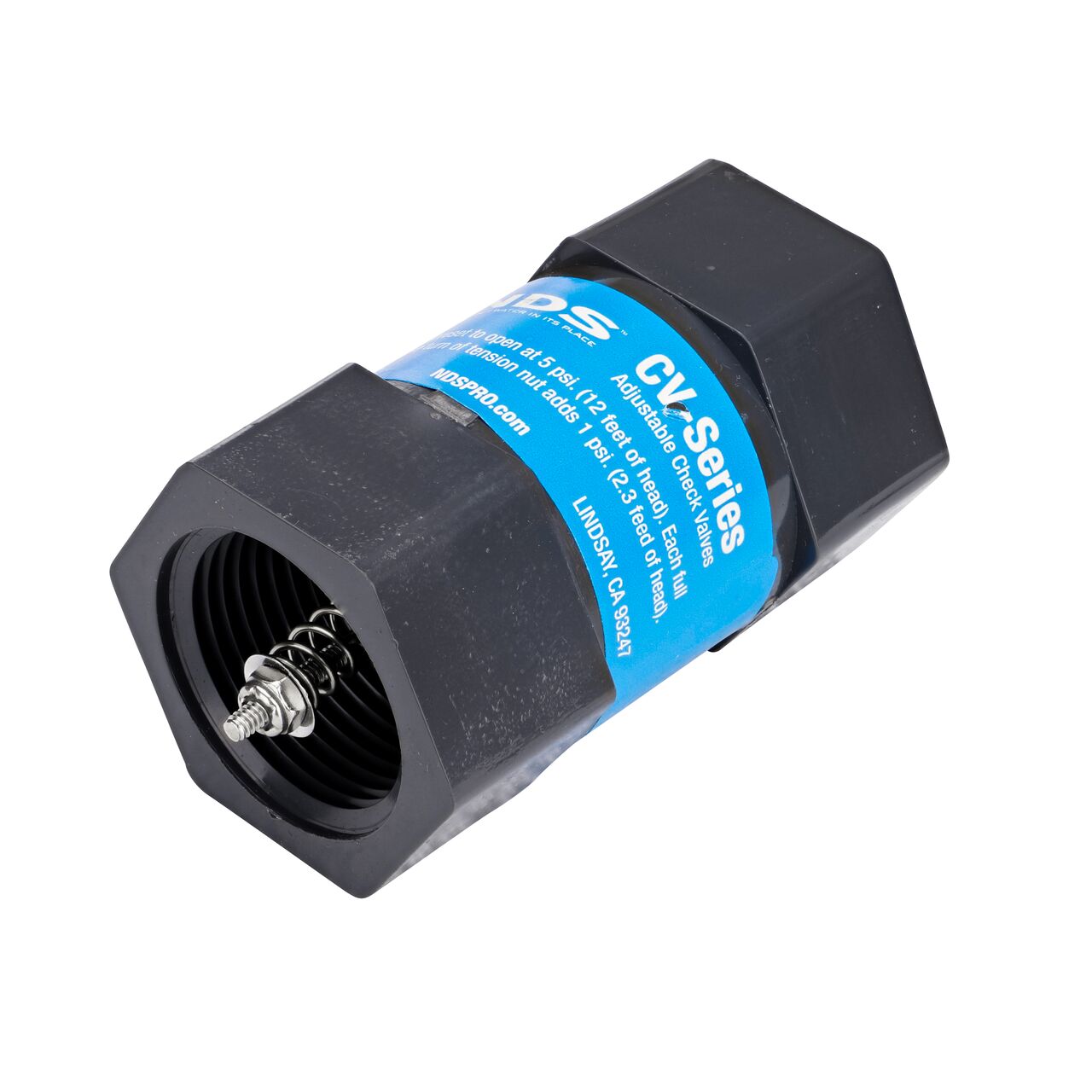The female end on the NDS Gray 1 in. IPS FPT X FPT PVC Adjustable Inline Spring Check Valve (NDS CV-1000-FF) has a nut on end to adjust the 5 lb spring tension