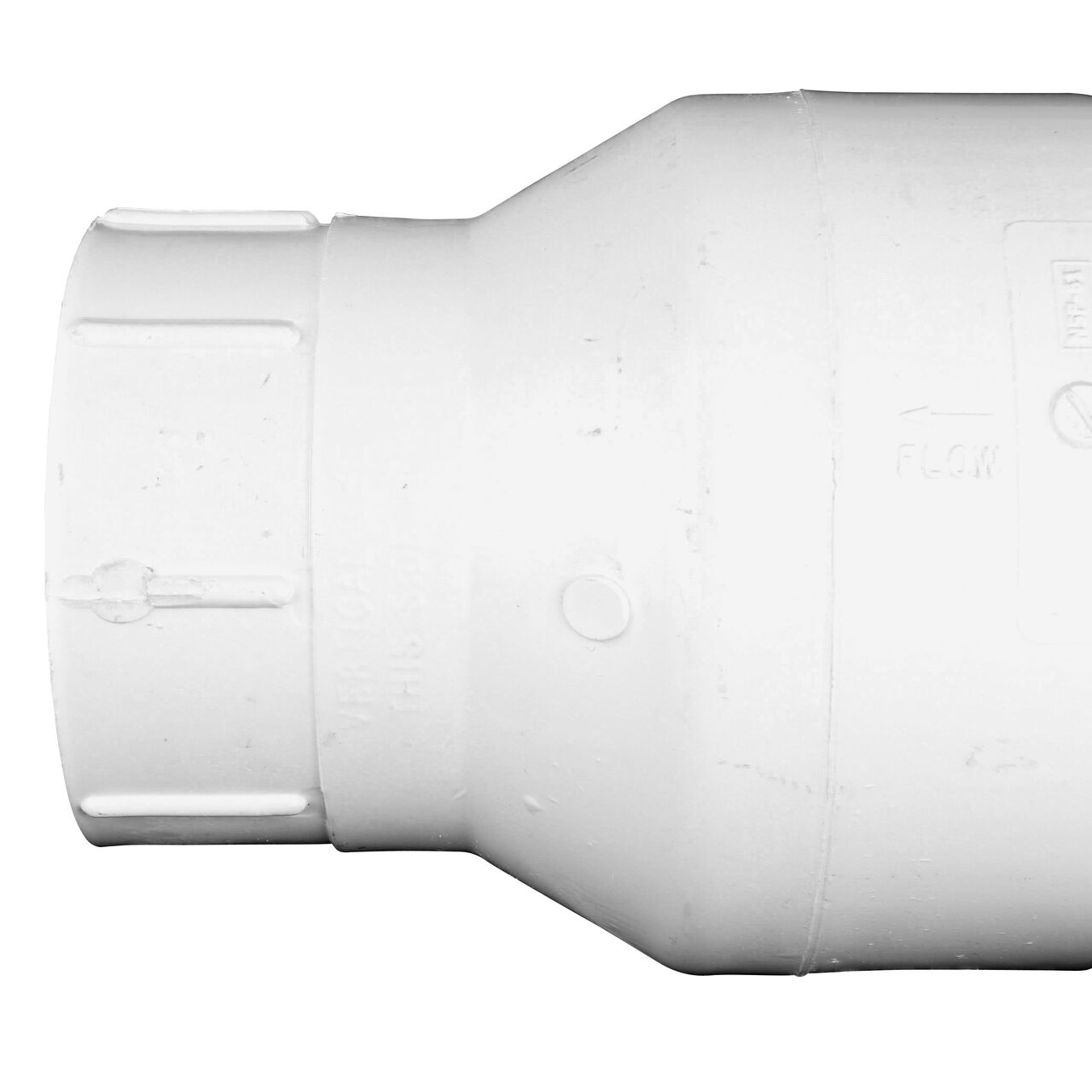 Closeup of the arrow showing water flow of the NDS 3 in. White PVC Spring Check Valve (NDS 1001-30)