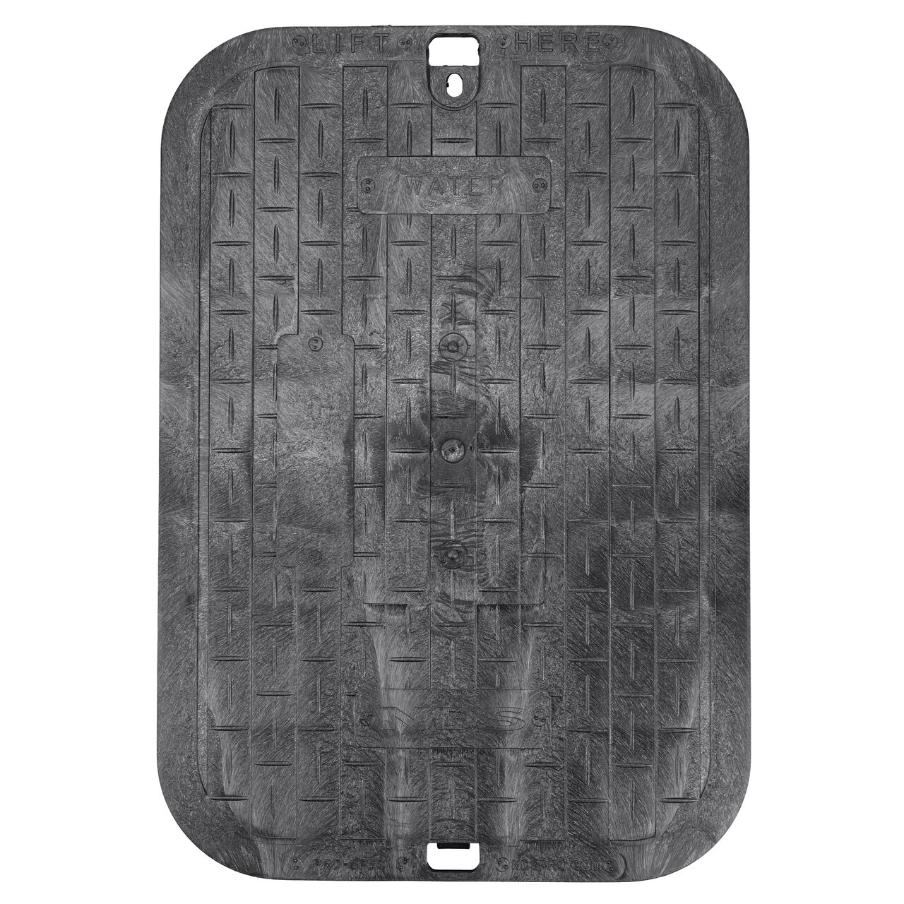 Top down view of the top side of the Black Water cover for the NDS 13 in. X 20 in. Rectangular Pro-Spec® Series (NDS 317BCBW) shows markings for easy identification