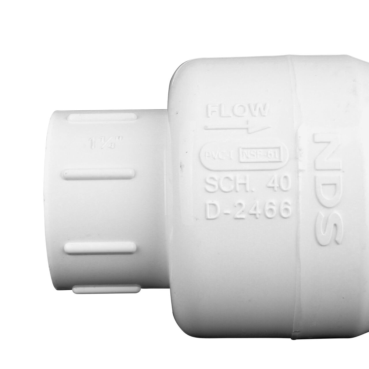 Closeup of the arrow showing water flow on the NDS White 1-1/4 in. slip end by slip end PVC Swing Check Valve (NDS 1520-12)