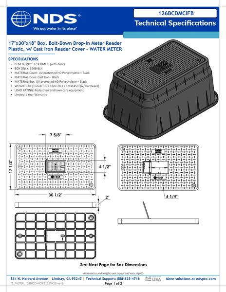 NDS 17 in. X 30 in. Rectangular Meter Box and Drop-in Cover, 18 in. Height, Black Box, Black Water Meter Cover with Cast Iron Reader, Includes Bolt Tech Spec