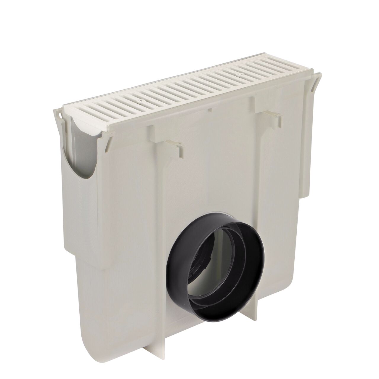 The NDS Dura Slope InLine Catch Basin (NDS DS-340) with Dura Slope Channel Drain Grate (NDS 661LG) fits the NDS Outlet Adapter (NDS 1888) which connects to 8 in. Drain Pipes