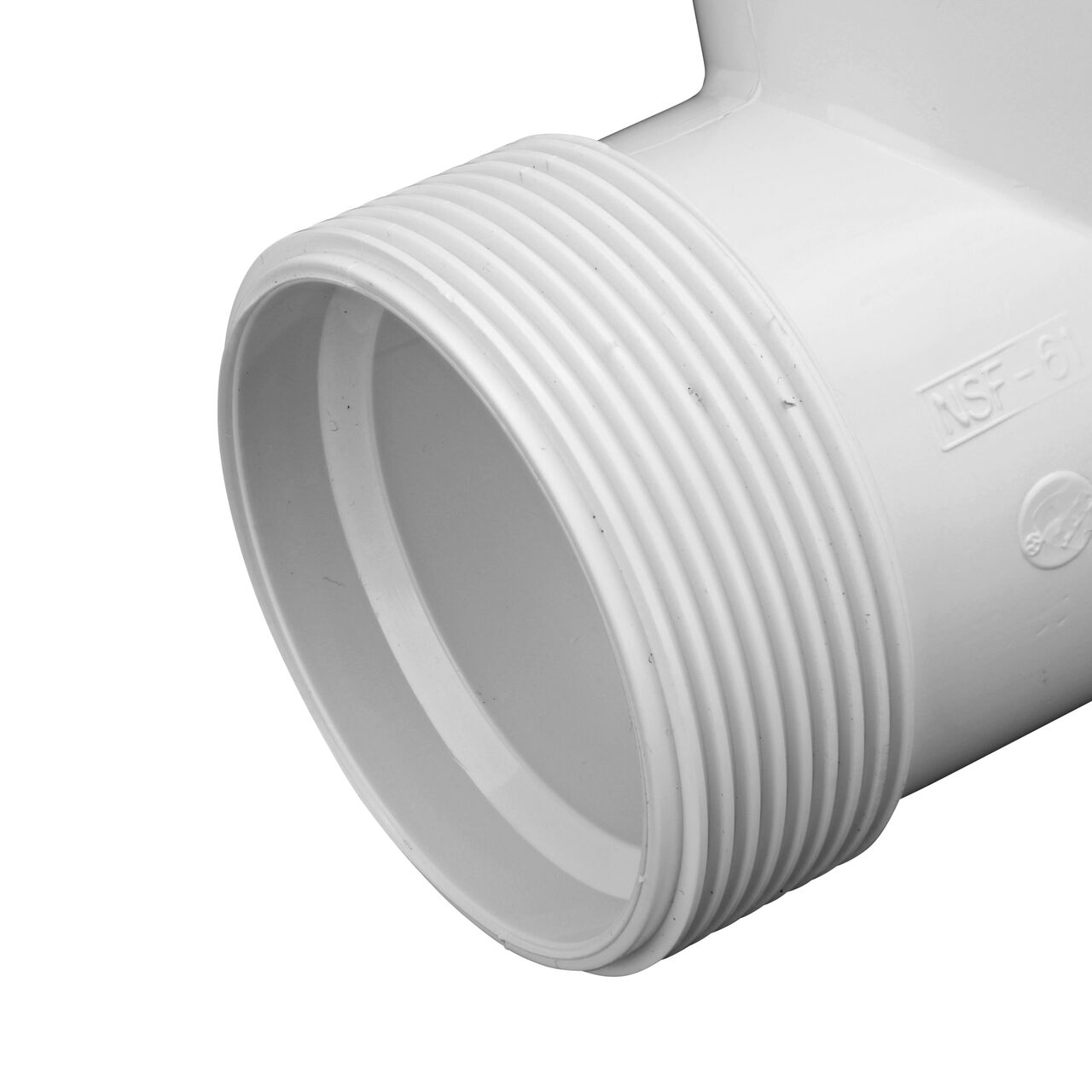 Closeup view of the NDS PVC Threaded Tees showing the compression end with 1-1/2 in. adjustable nuts removed and once installed provides a leak resistant connection (NDS CPT-1500-S)