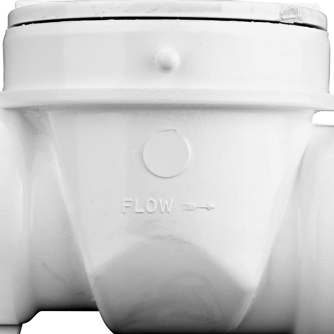 Closeup of the outside part of the NDS White PVC 2 in. Backwater Valve with stamped arrow showing the direction in which the water will flow (NDS 275P)