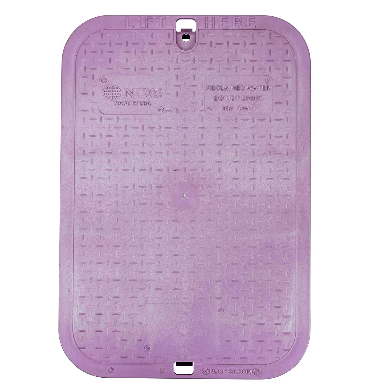 Top down view of the top side of the Purple Reclaimed Water cover for the NDS 13 in. x 20 in. Rectangular Pro-Spec® Series Jumbo Valve Box (NDS 318PBCBR) showing the Purple Reclaimed Water markings