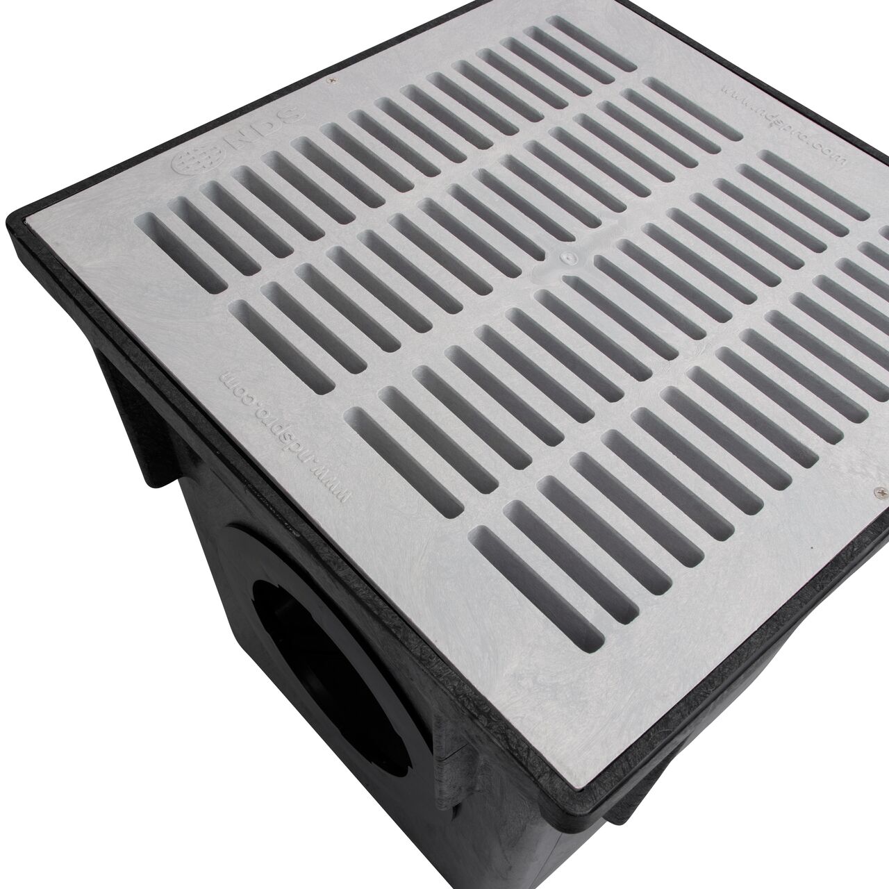 Closeup View of the Gray, 18 in. NDS Square Catch Basin Drain Grate (NDS 1810) installed on a NDS 18 in. Square Catch Basin (NDS 1882)