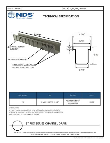 NDS 3 in. Pro Series™ Channel Drain Tech Spec