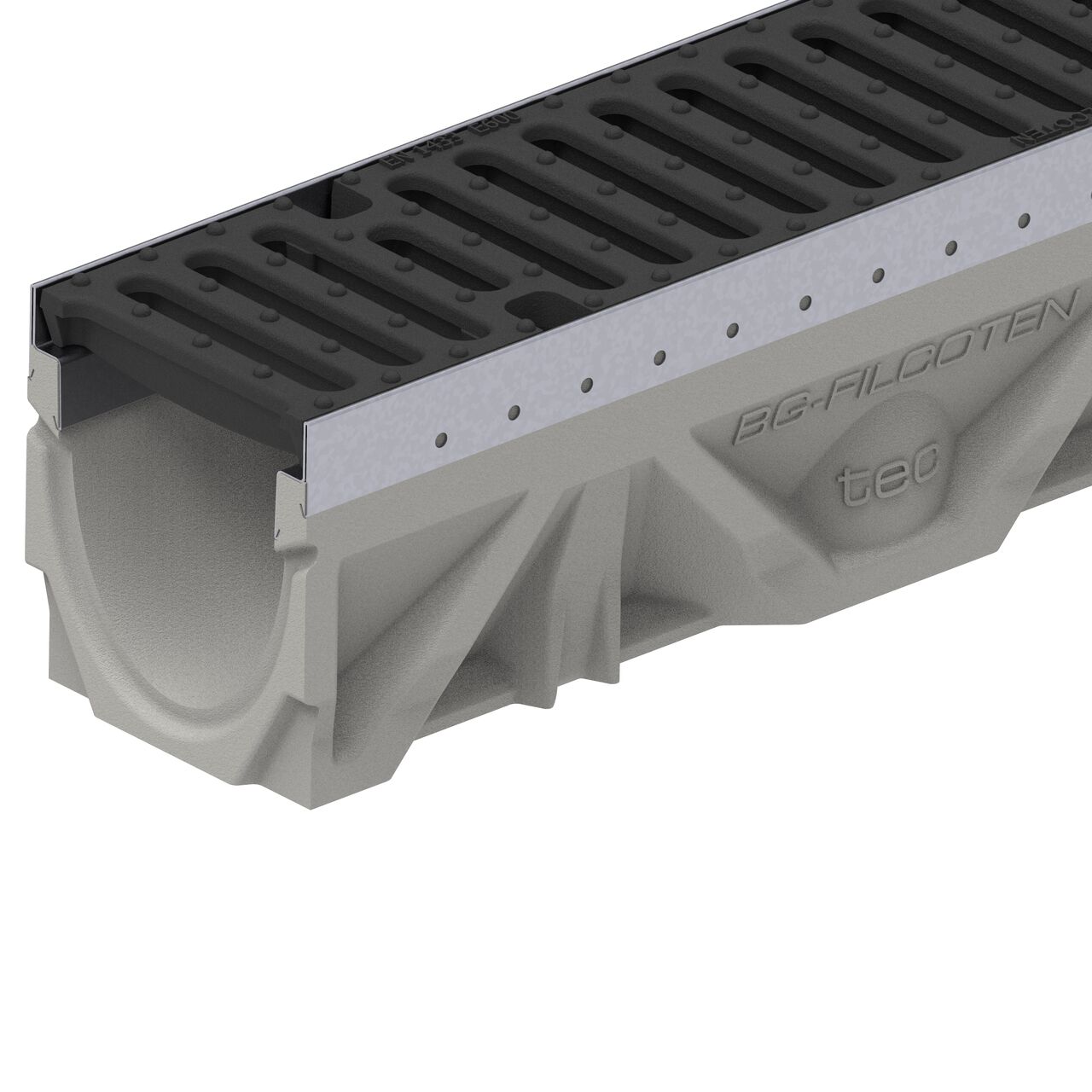 Closeup view of the class E slotted ductile iron BG-FILCOTEN® 100 Trench Drain Grate (NDS 17010105) installed on the BG-FILCOTEN® 100 Trench Channel Drain with female end showing