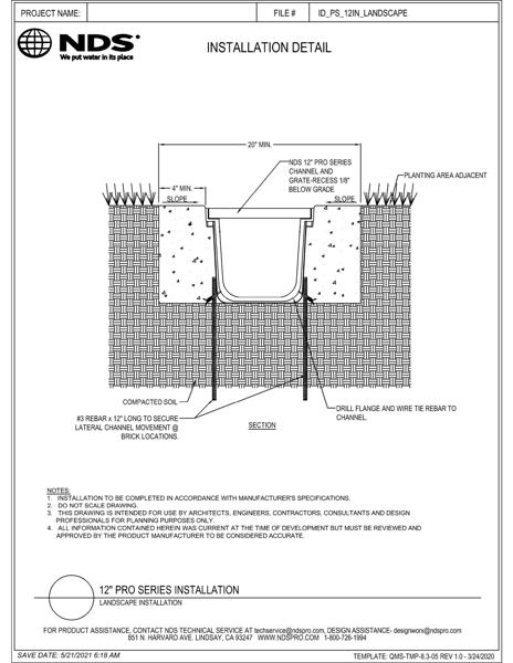 NDS 12 in. Pro Series™ Channel Drains & Grates Landscape Installation Details
