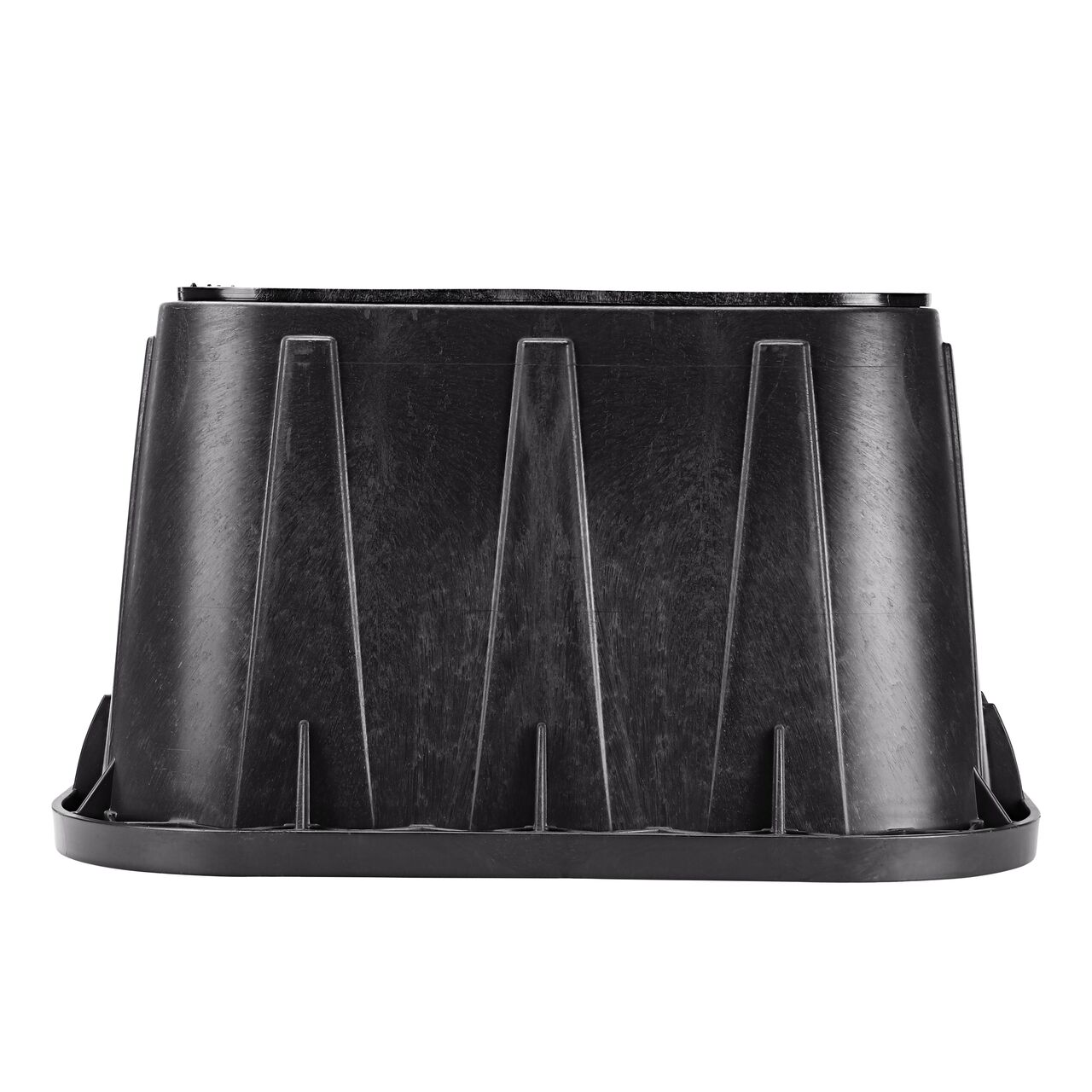 Side view of the longer length side of the NDS 14 in. x 19 in. Rectangular Pro-Spec® Series Valve Box & Irrigation Control Valve Cover (NDS 313BCBBLK) which is engineered for superior strength with structural reinforcing ribs