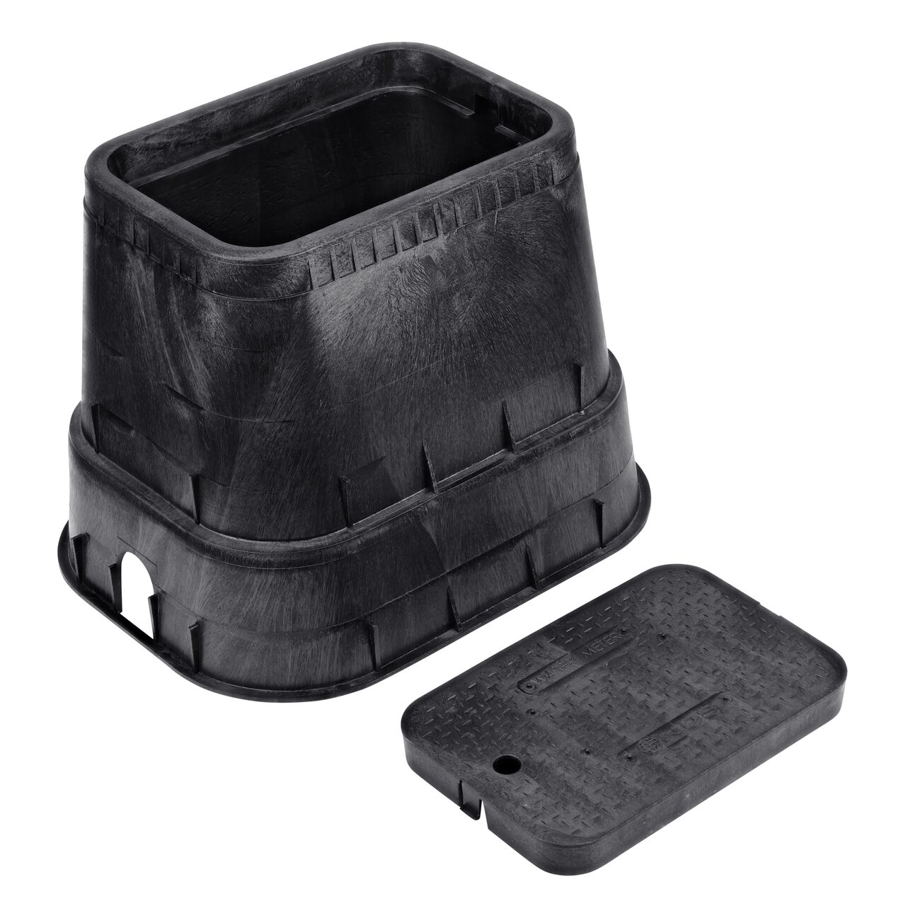 Unassembled View of the NDS 14 in. X 19 in. Black Rectangular Standard Series meter box and Black Water Meter Drop-in cover (NDS D1800-DISB)