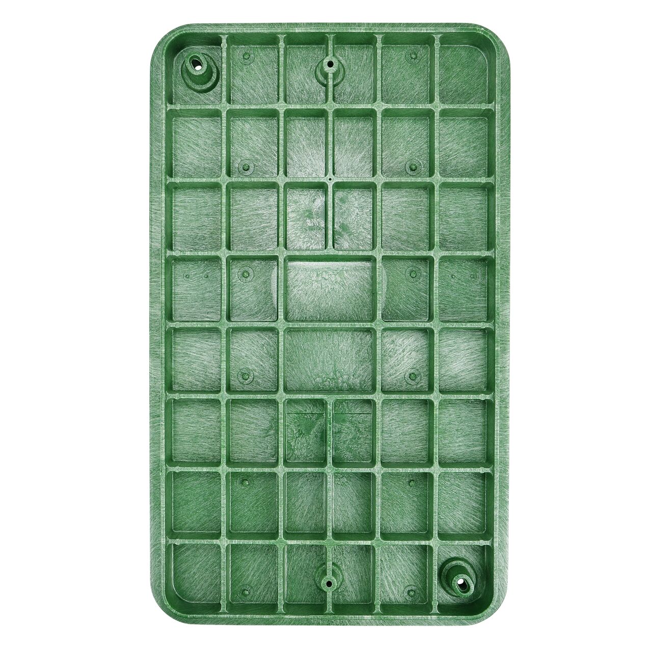 Top down view of the underside side of the Green Sewer cover (NDS 324BCBS) for the NDS 17 in. X 30 in. Rectangular Pro-Spec® Series valve box, showing reinforcing ribs that are load rated to withstand pedestrian traffic and the rigors of lawn care equipment