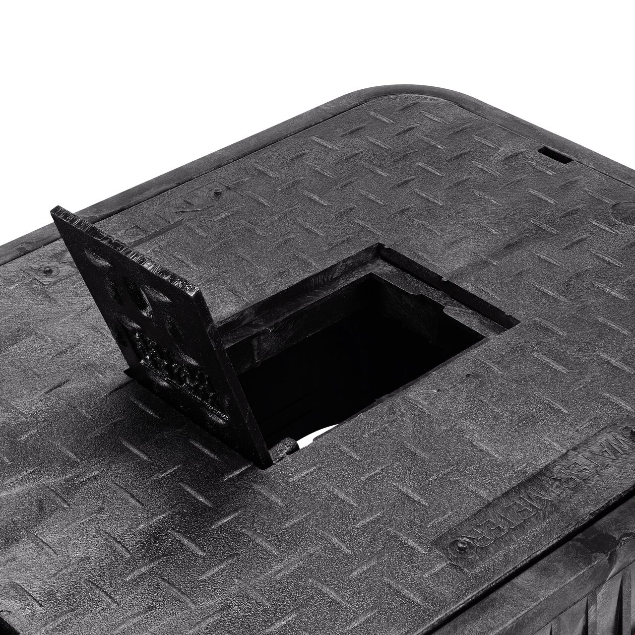 Closeup view of the hinged side of the Cast Iron reader door on the NDS 13 in. X 20 in. Rectangular Standard Series Meter Box & Water Meter Cover (NDS D1500-DICIR)