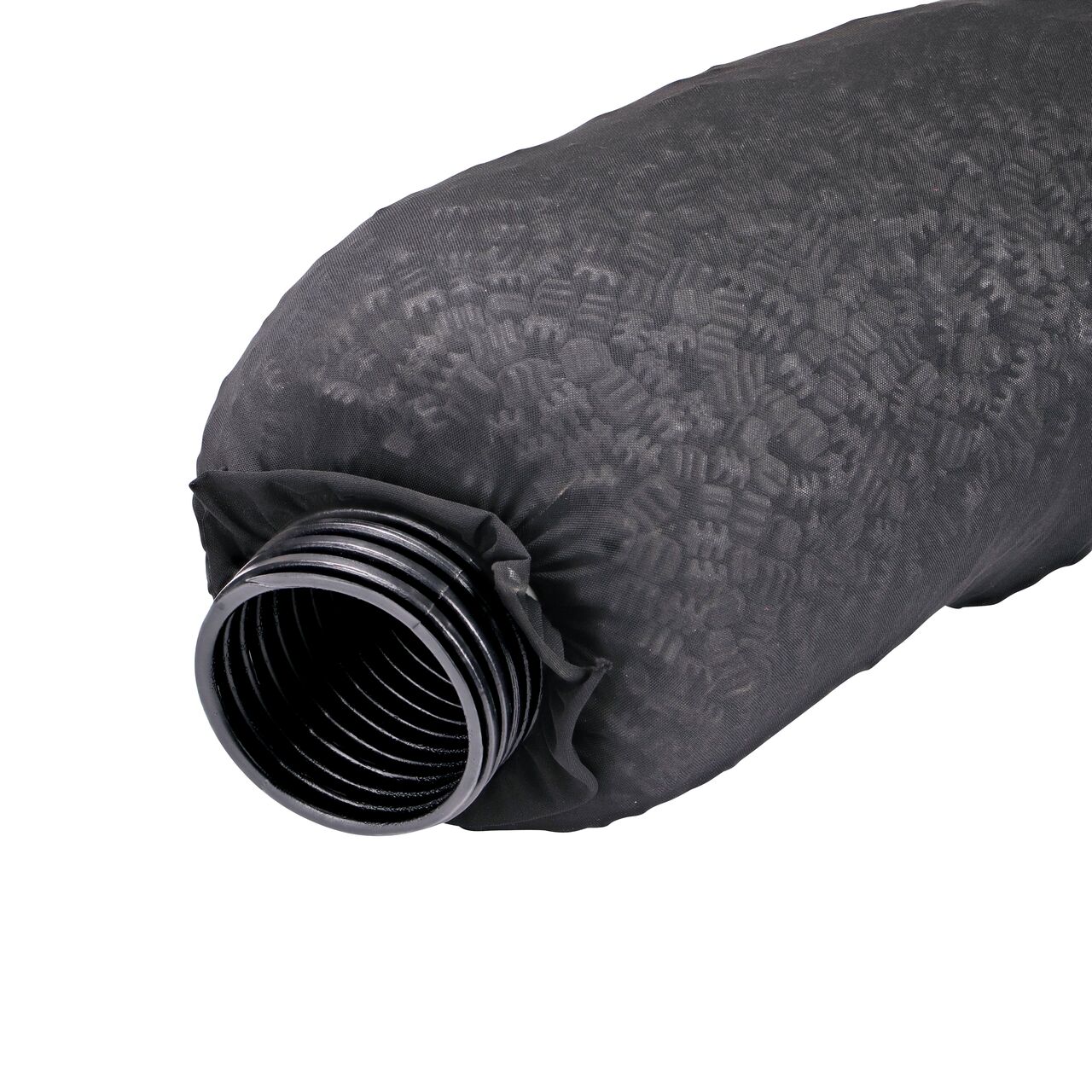 EZflow® Gravel-Free French Drain System with 6 in. Slotted Pipe & Engineered Aggregate, 15 in. dia. X 10 ft. long bundle; a portion of the end of the bundle is shown (NDS EZ-1501F, NDS EZ-1501FB)