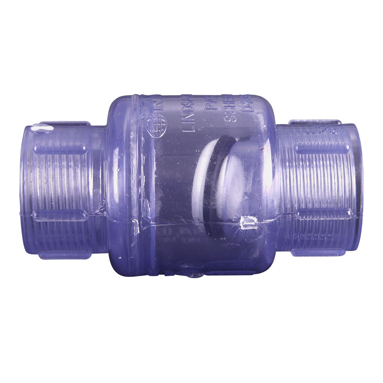 Side to side view of the NDS Clear 3/4 in. female end by female end PVC Swing Check Valve (NDS 1520C07F) which prevents backflow in pipelines