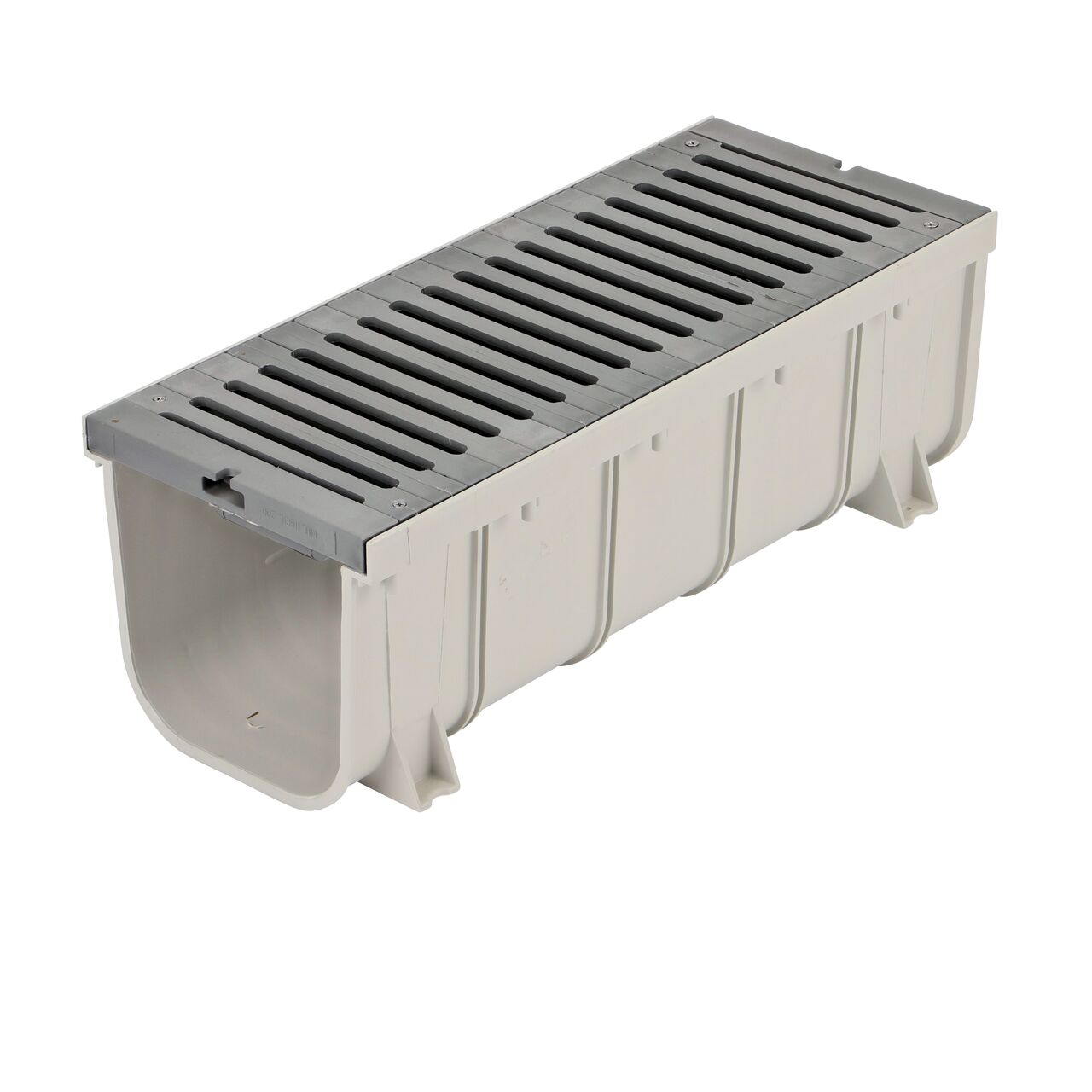 One Load Star 8 in. Pro Series Channel Drain Grate, made of Glass-Reinforced Nylon, installed on one Deep Profile 8 in. Pro Series Channel Drain