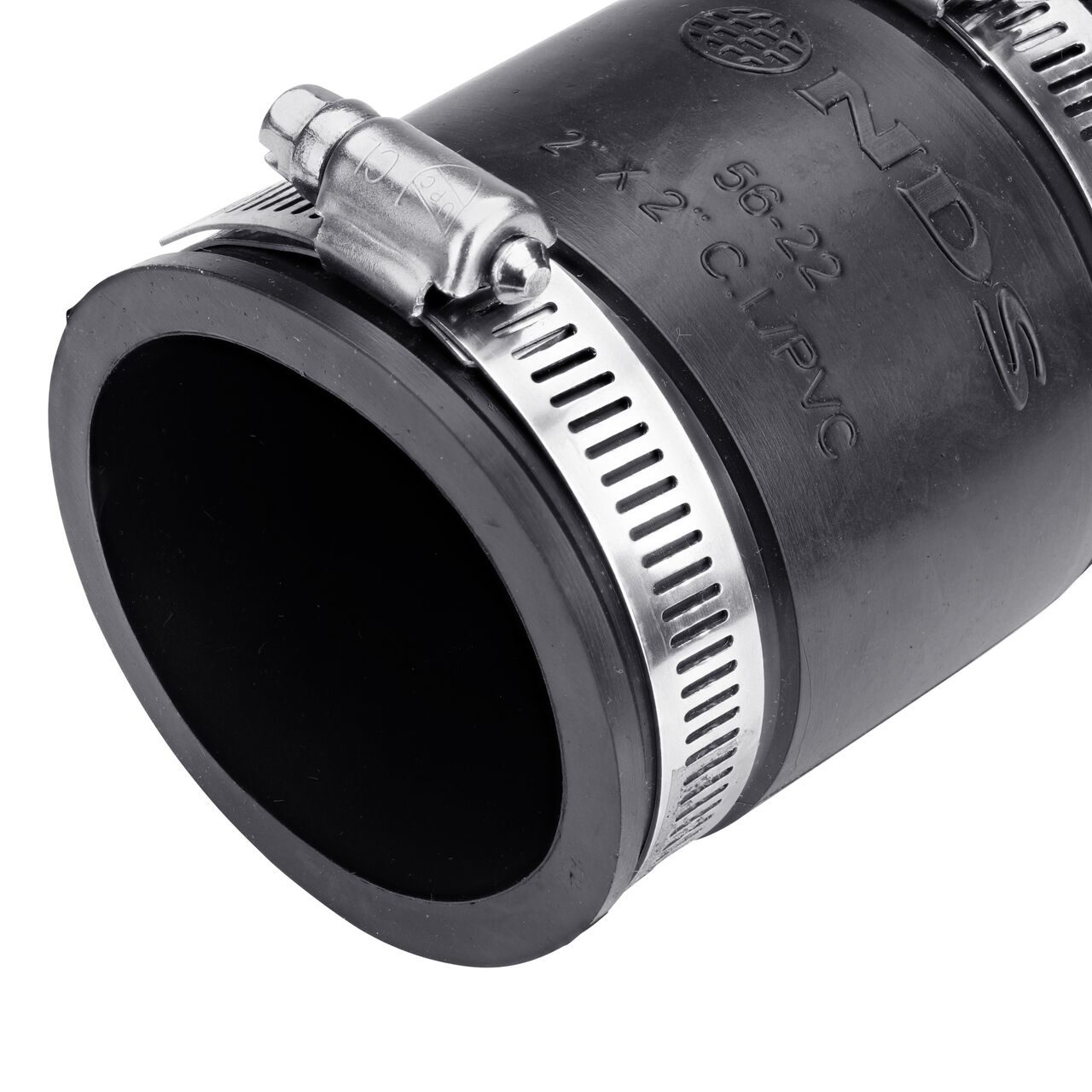 Closeup view of the small end on the NDS 2 in. flex coupling connects two cast iron/sewer and drain or DWV/copper/steel/lead pipes (NDS 56-22)