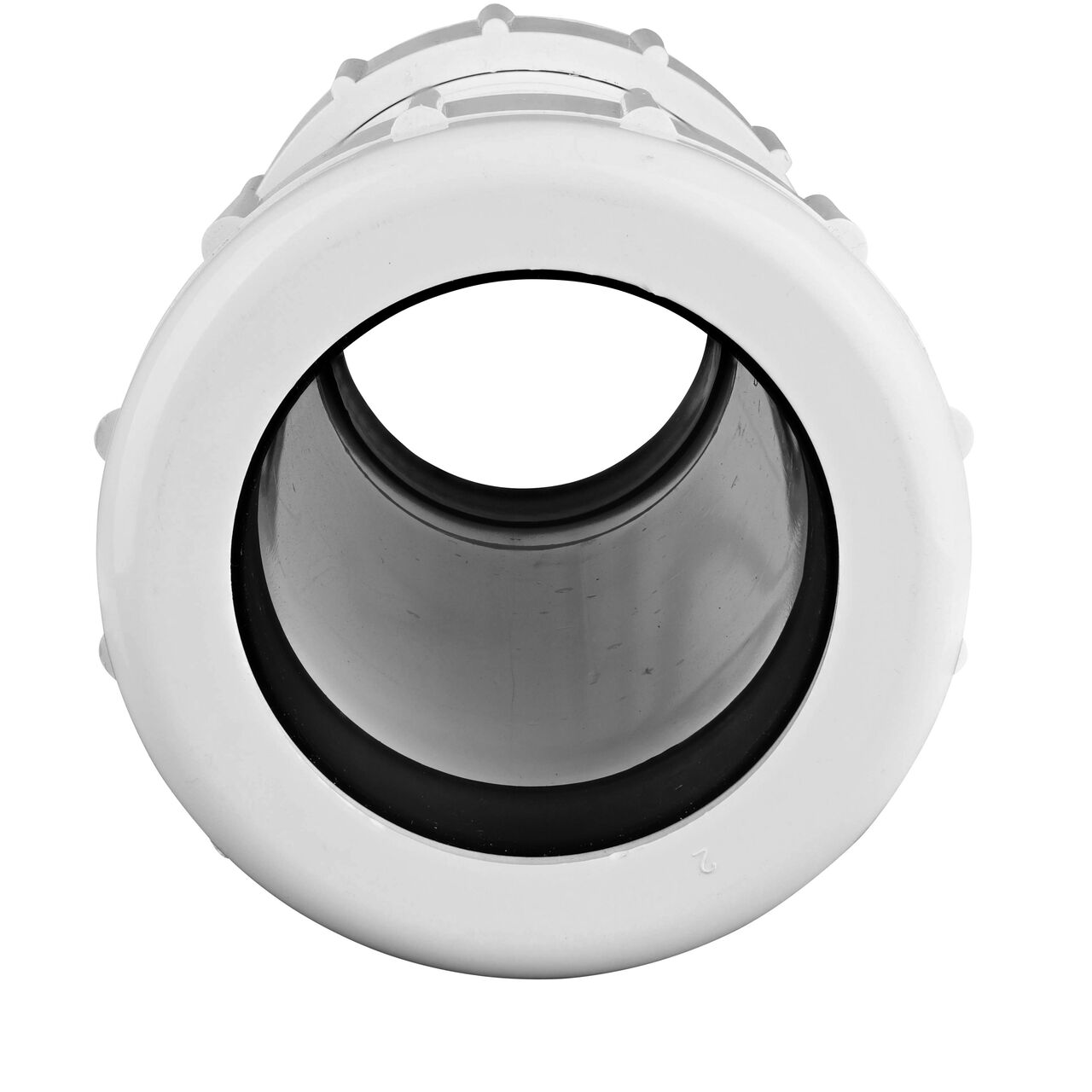 The NDS 2-1/2 in. IPS UC Compression Coupling showing the gasket inside the adjustable nut that secures it in place once installed (NDS CPC-2500)
