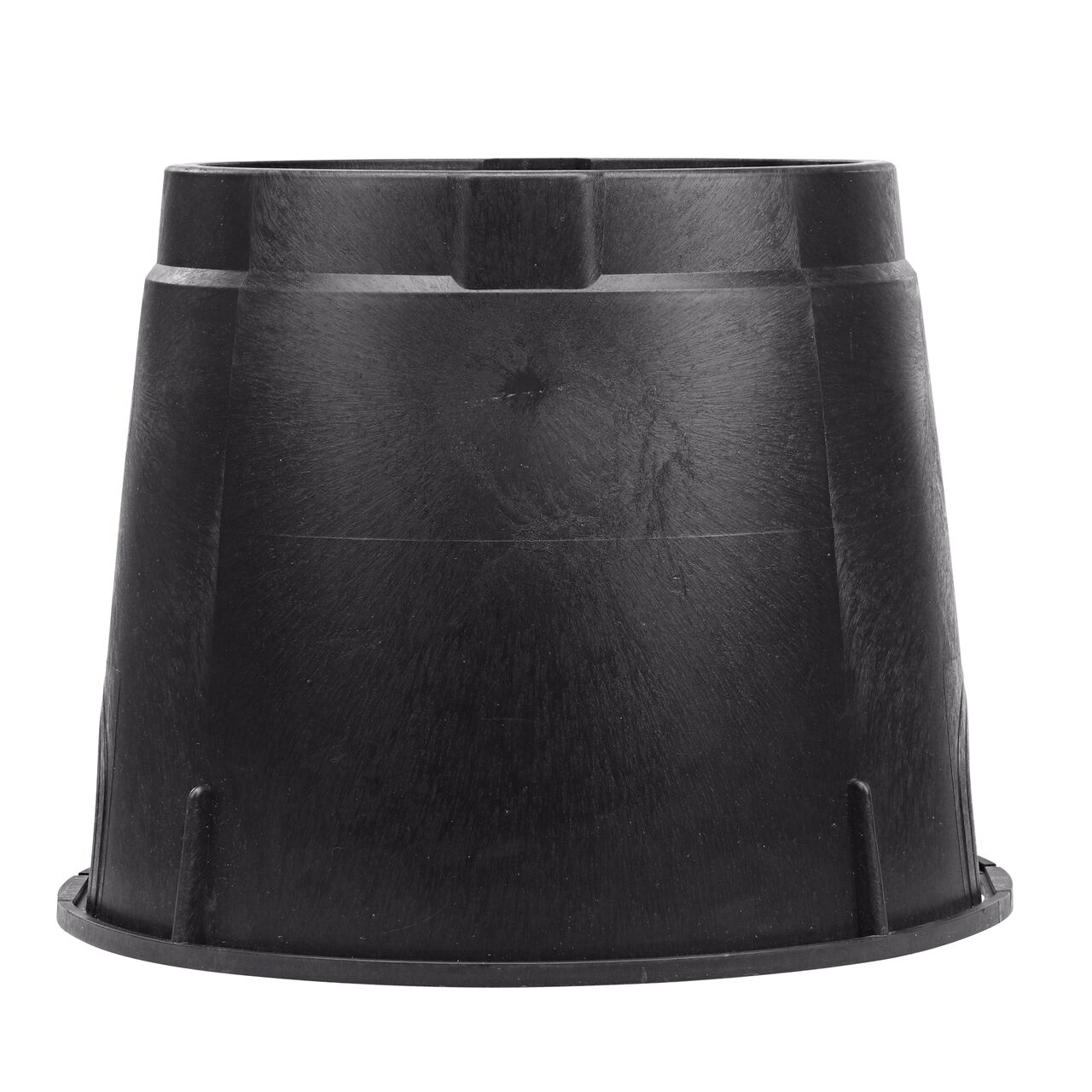 Side view of the non-pipe hole side on the NDS black plastic 10 in. Round Standard Series Valve Box (NDS 111B) showing durability through the reinforced ribs and edging