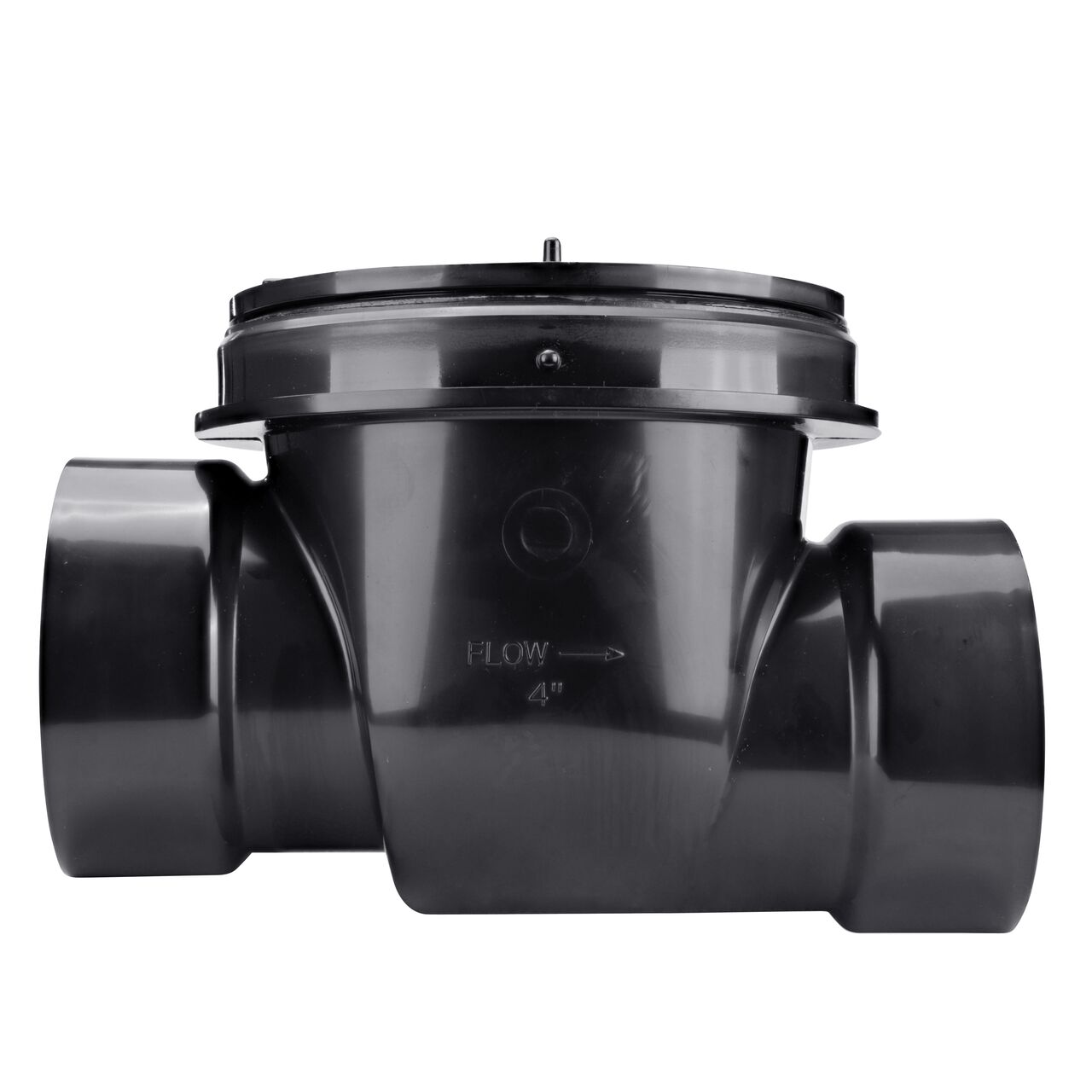 Side view of the NDS Black 4 in. ABS Backwater Valve (NDS 475) shows the water flow direction with arrow