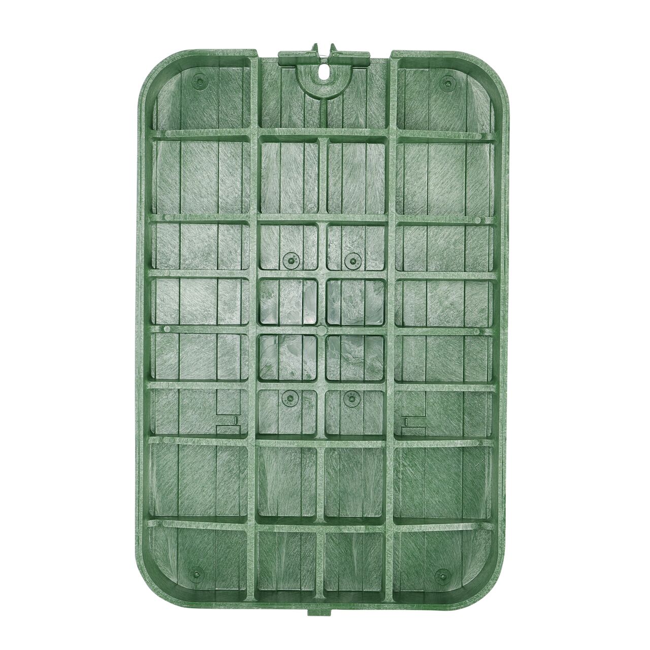 Top down view of the underside side of the Drop-In style Green Irrigation Control Valve cover for the NDS 13 in. X 20 in. Rectangular Standard Series (NDS 117BCD) showing reinforcing ribs that are load rated to withstand pedestrian traffic and the rigors of lawn care equipment