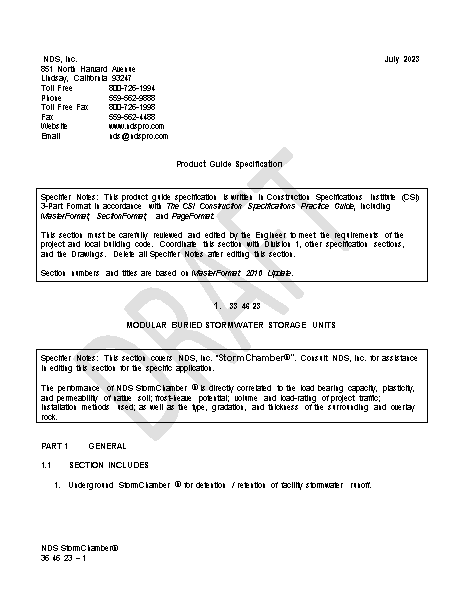 NDS StormChamber® Systems Written Spec