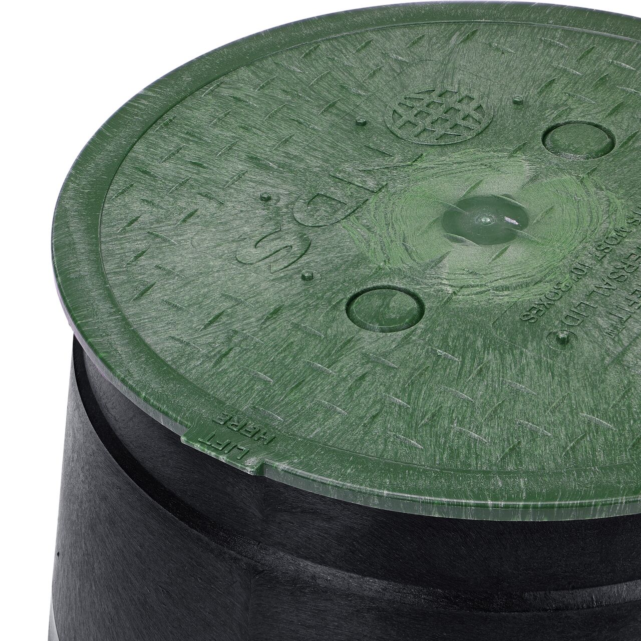 Closeup View of the 10 in. Round SureFit Universal Valve Box Lid (NDS 10RND-UC) installed on the NDS Standard Series Black Valve Box (111B) with the lift tab in front to show how to easily lift the lid off the box