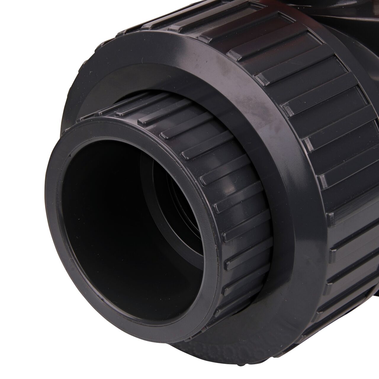 Close up view of the slip end on the 2 in. PVC Slip & Threaded True Union Ball Valve (NDS BTU-2000-E) and how it connects to 2 Schedule 80 pipe