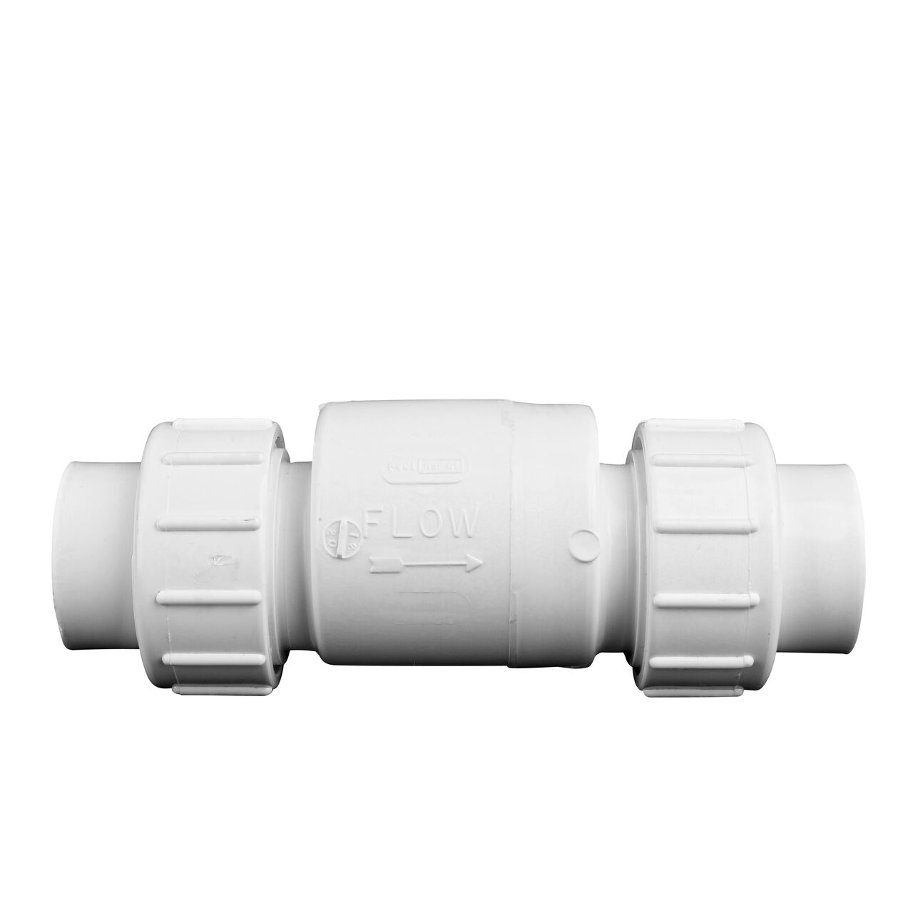Side view of the NDS White 1 in. IPS PVC True Union Swing Check Valves showing the label and water flow direction