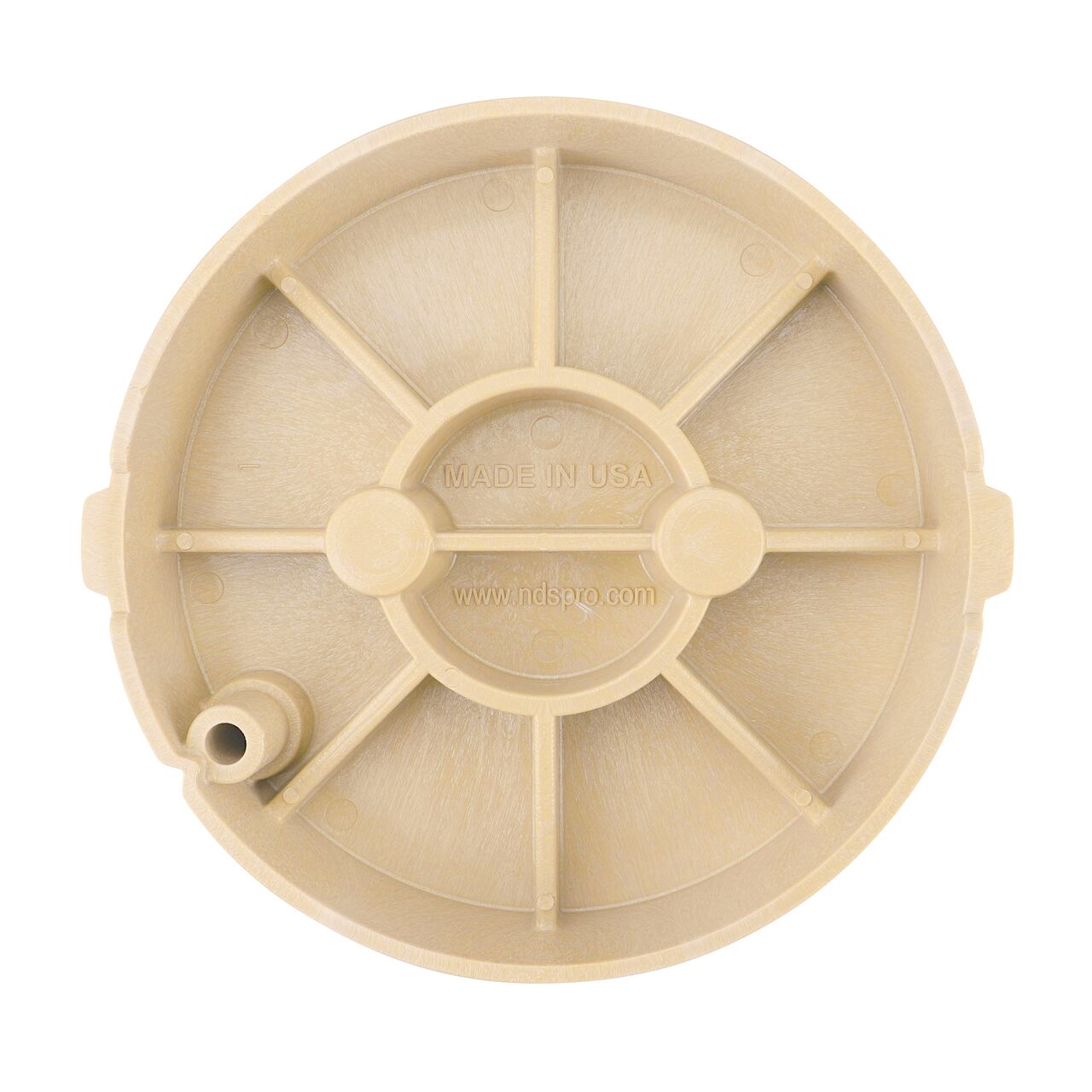 Top down view of the underside side of the Sand Irrigation Control Valve cover for the NDS 10 in. Round Pro-Spec® Series (NDS 312BCSAND) showing reinforcing ribs that are load rated to withstand pedestrian traffic and the rigors of lawn care equipment