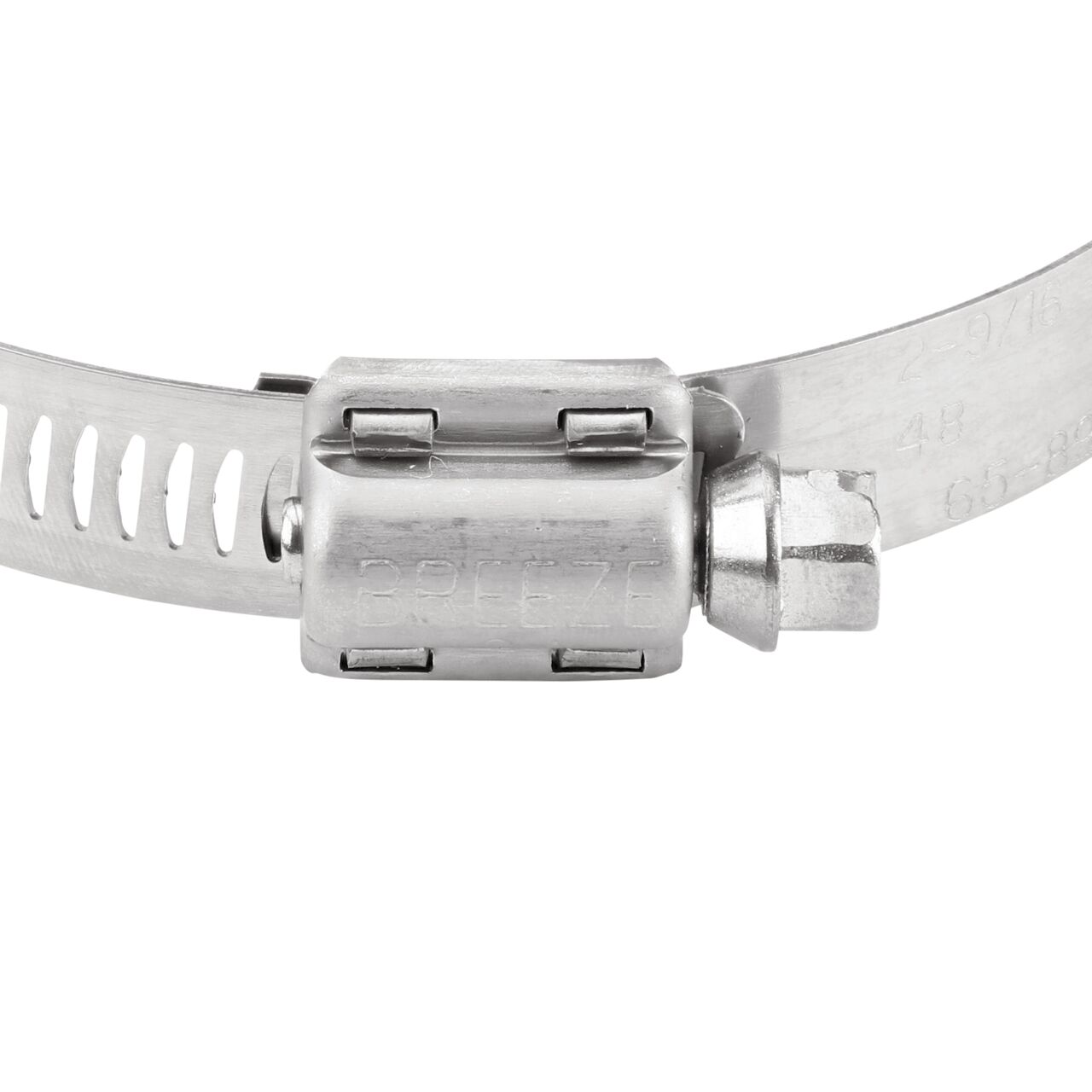 Closeup view of the two-piece clamp housing made of Series 300 Stainless Steel on the NDS SAE 48 Worm Drive Hose Clamp with Aero Seal 1/2 in. band width (NDS 64048H)