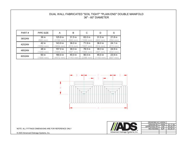 36" - 60"  Fabricated Soil Tight Plain End Double Manifold (HDPE Dual Wall Fabricated Manifolds Fittings)