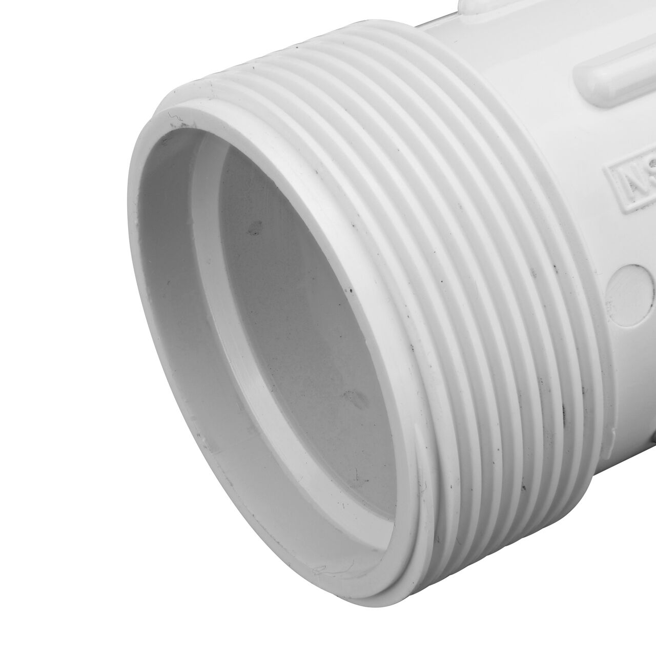 Closeup view of the PVC Compression Adapter, 1-1/4 in. IPS UC X 1-1/4 in. IPS showing MPT end that threads into FPT pipe which works with most plastic pipe to transport water and provide a leak-resistant connection (NDS CPA-1250)