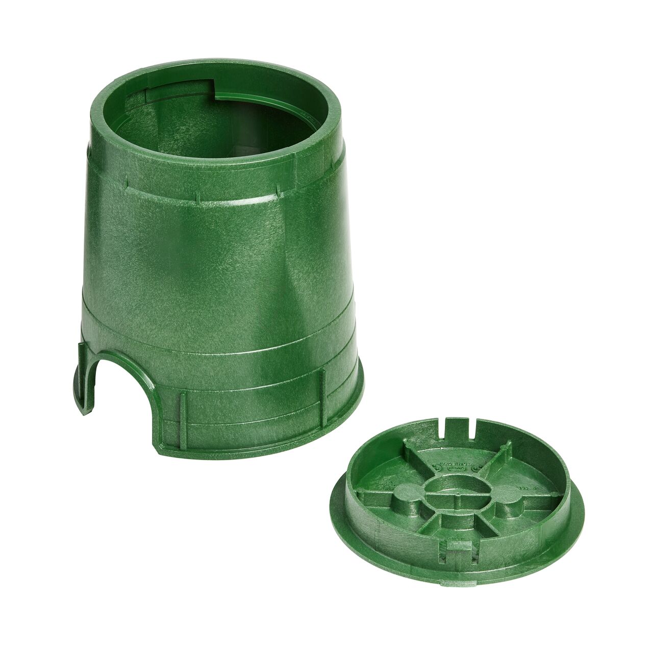 Unassembled View of the NDS 6 in. Round Standard Series Green Box and Green Irrigation Control Valve Cover (NDS 2108BC) showing the built-in post on underside of lid to mount washer for metal detection