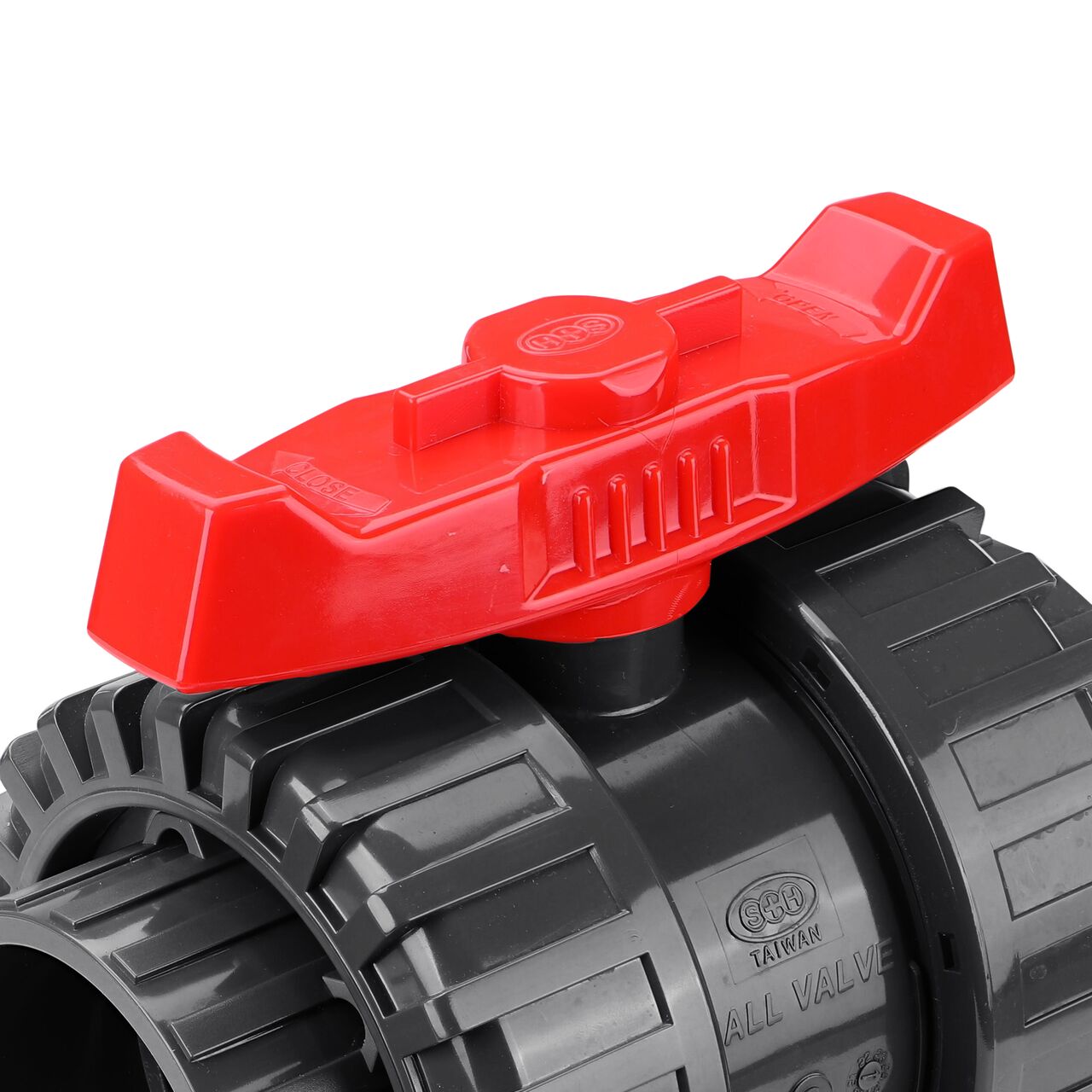 Closeup view of the easy to turn, two-sided handle on the NDS 3 in. PVC Slip True Union Ball Valve (NDS BTU-3000-SE)