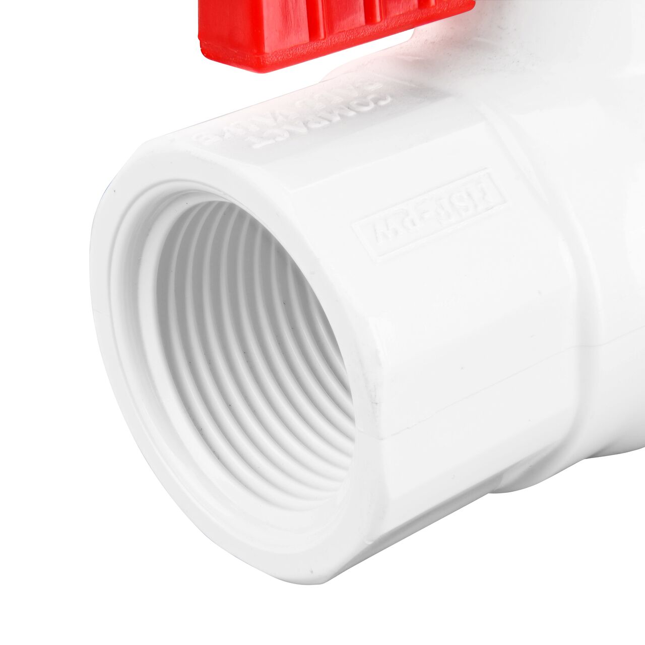 Closeup of the NDS IPS Ball Valve showing the stem that is made of durable PVC material (NDS E1420-10)