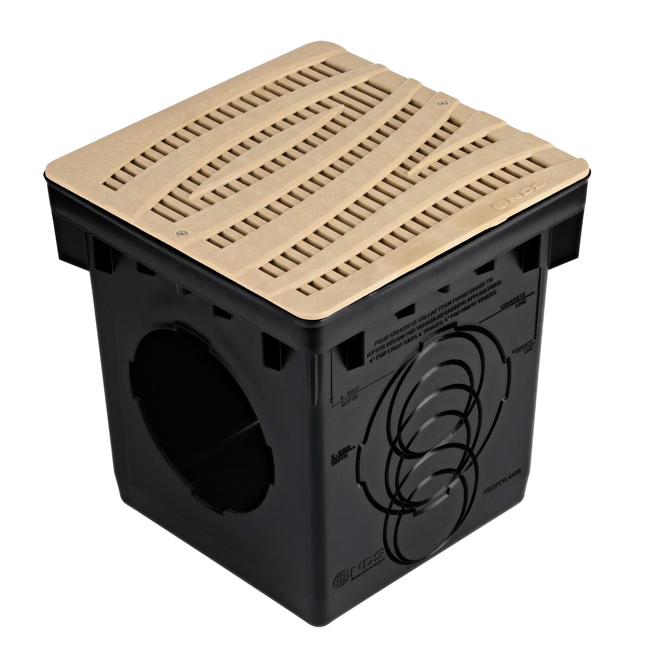 The 12 in. NDS Square Catch Basin Drain Grate, Decorative Wave Design, Sand Plastic (NDS 1224S) fits on a NDS 12 in. Square Catch Basin (NDS 1200)