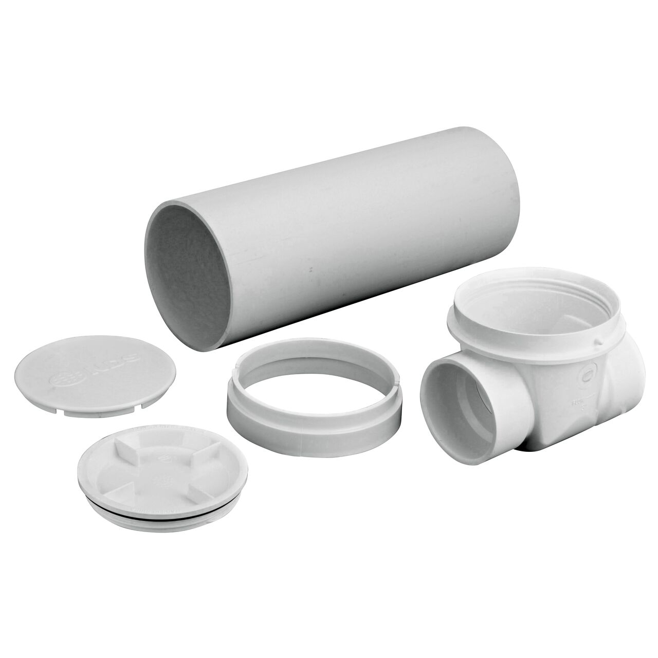 Unassembled view showing all parts in the NDS 3 in. White PVC Backwater Valve with Riser and Cover (NDS 375PR)
