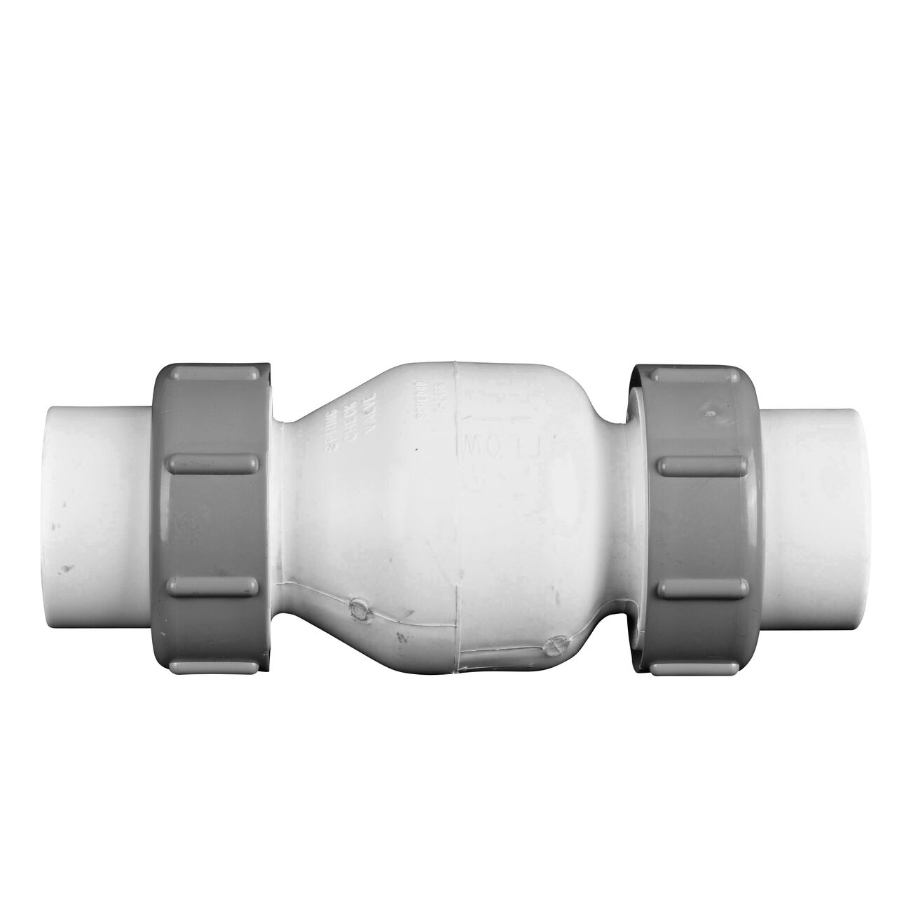 Side to side view of the NDS White 1-1/2 in. slip end by slip end PVC True Union Spring Check Valve with 1/2 lb. Spring (NDS 1700-15)