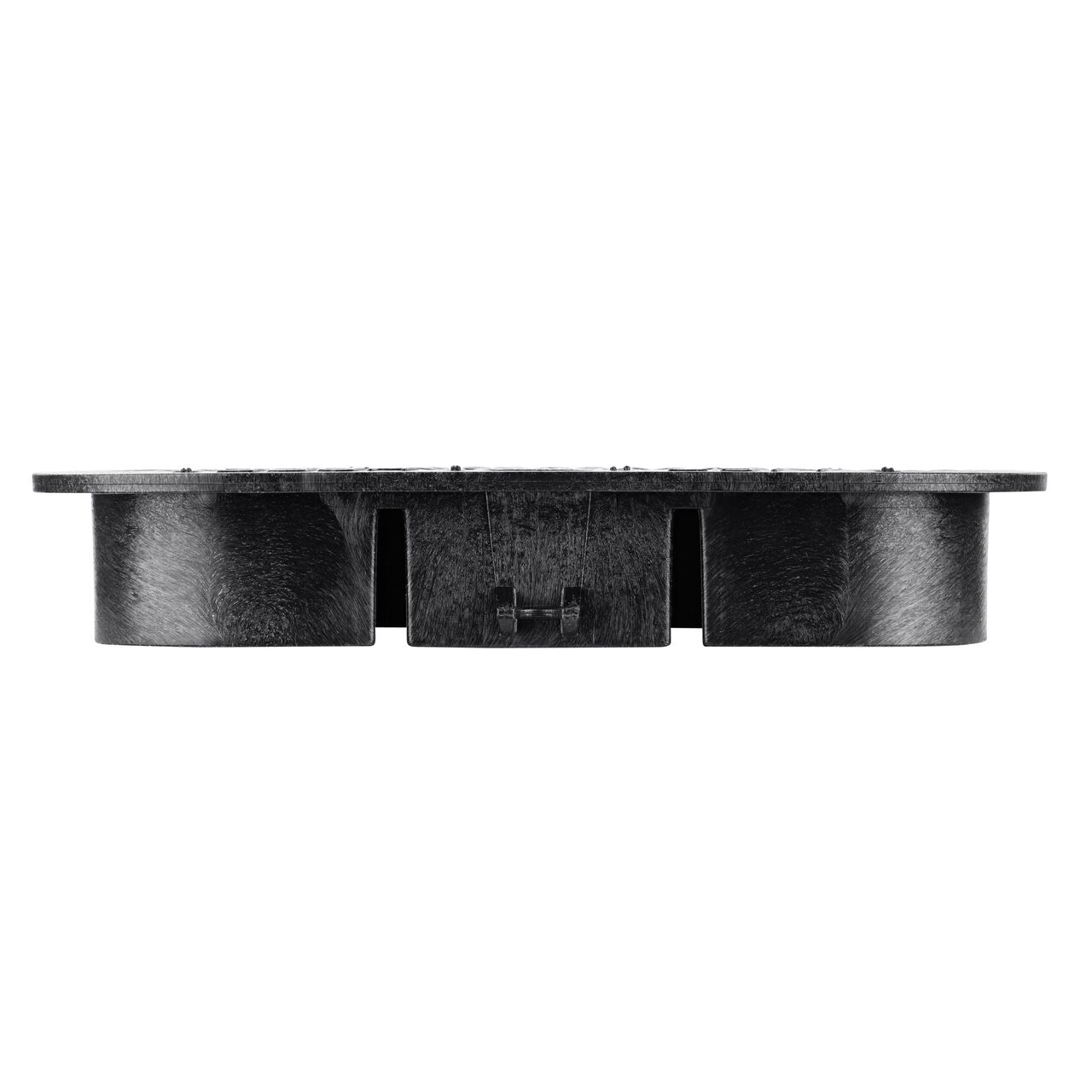 The NDS 14 in. X 19 in. Rectangular Pro-Spec® Series black reclaimed water Valve Box Cover (NDS 313CRBLK) is an overlapping lid shown here from the side, that prevents dirt and debris from entering the valve box