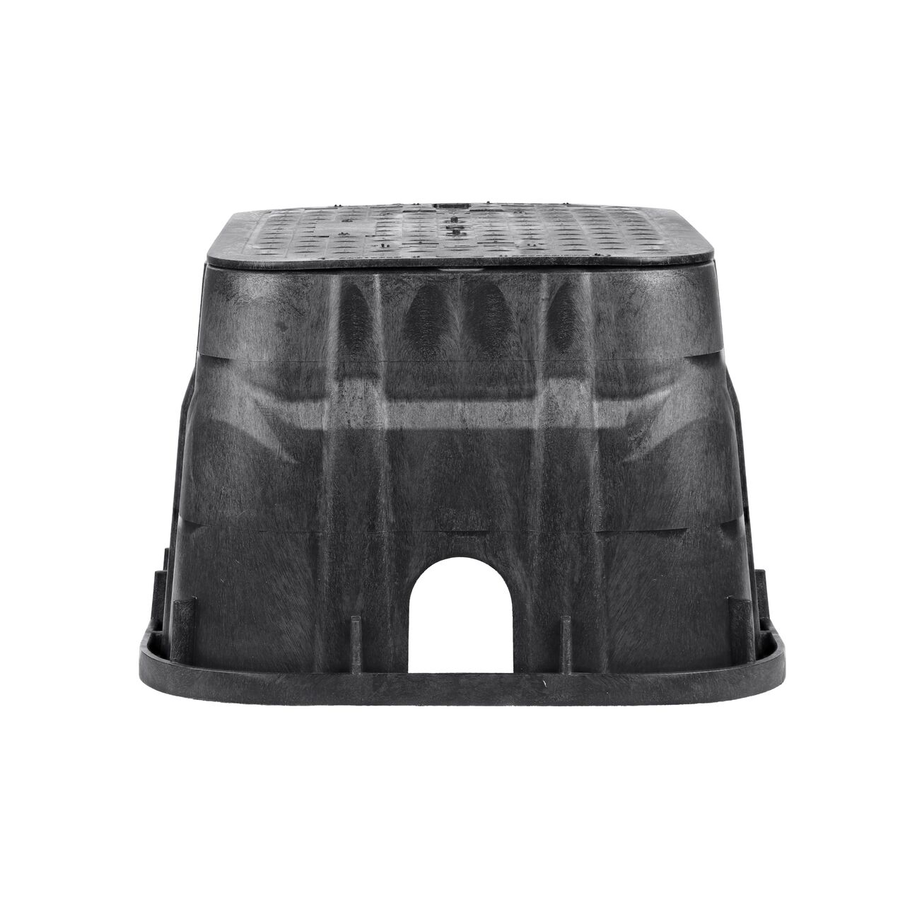 Side view of the shorter width side of the NDS 13 in. X 20 in. Rectangular Pro-Spec® Series Valve Box & Water Cover (NDS 317BCBW) rugged enclosure that features a pipe hole for water and irrigation pipe connections