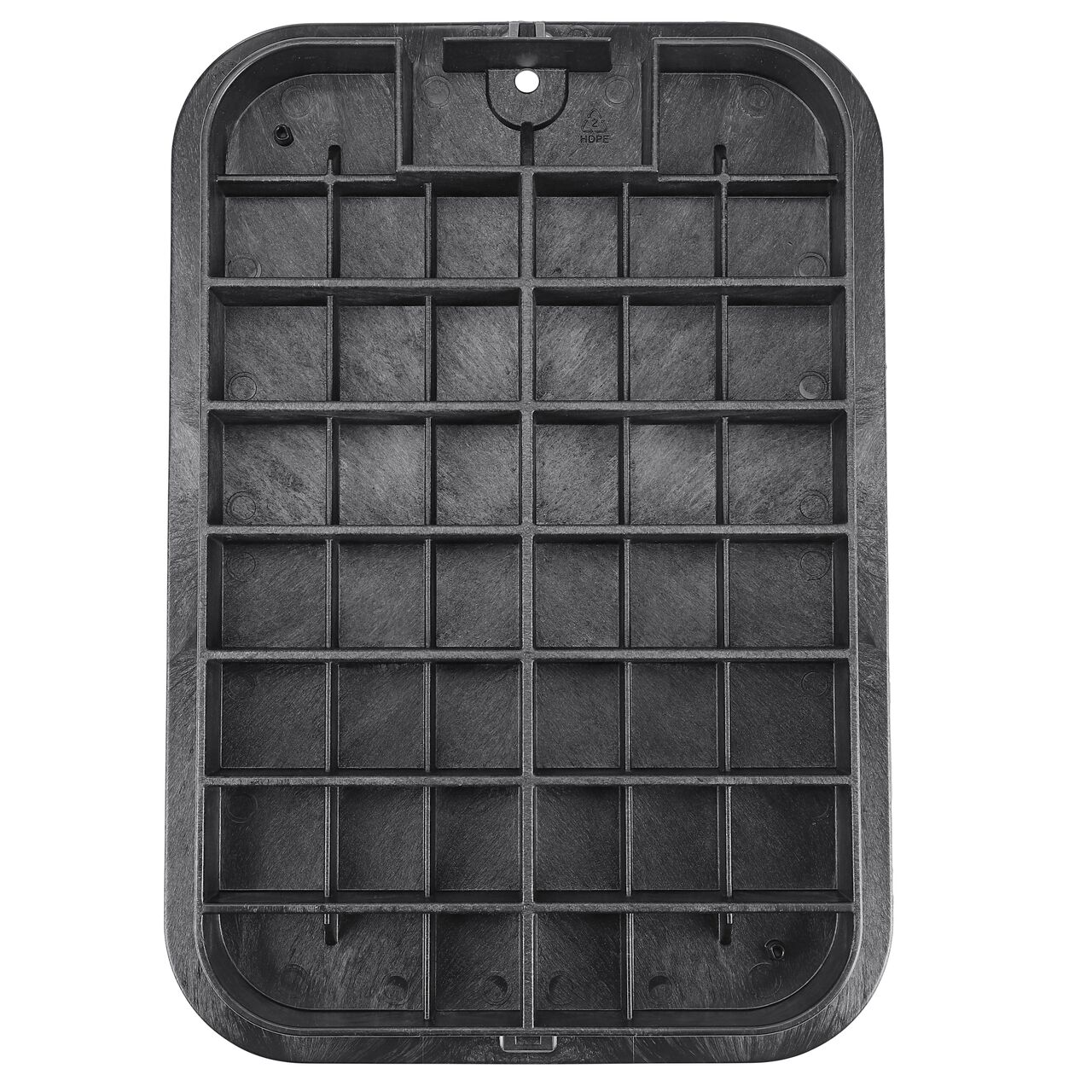 Top down view of the underside of the Black Irrigation Control Valve cover (NDS 117CB) for the NDS 13 in. X 20 in. Rectangular Standard Series valve box showing reinforcing ribs that help support pedestrian and lawn care equipment