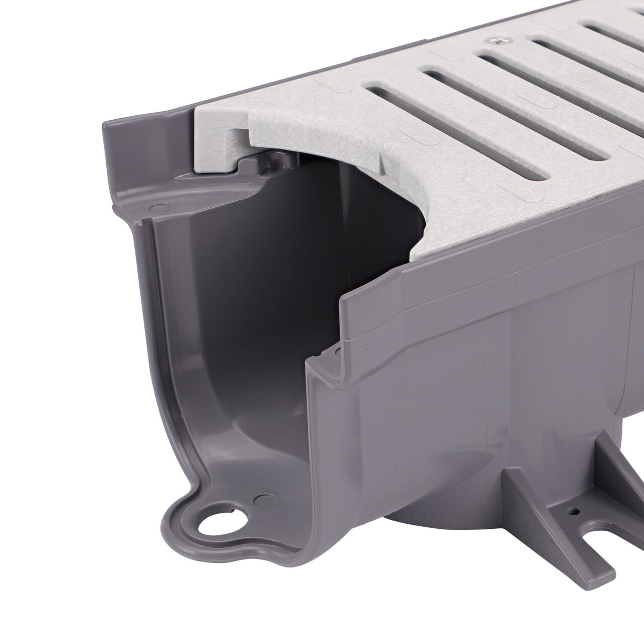 Closeup view of the NDS Spee-D® Contour™ Channel Drain Middle Section and Gray Grate (NDS 400-ACM-WH) to show connection points of where it connects to the Spee-D® Contour™ Channel Drain Kit Start end