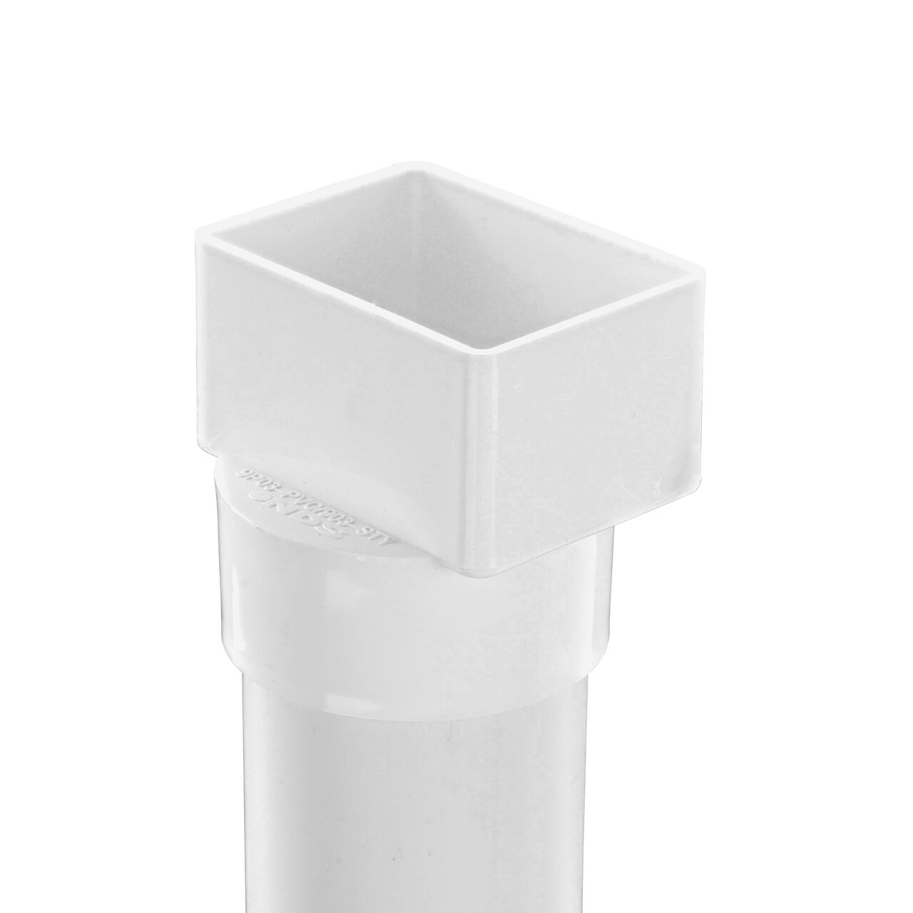 The PVC offset downspout adapter (NDS 9P03) installed on 3 in. S&D pipe ready for a 2X3 downspout.