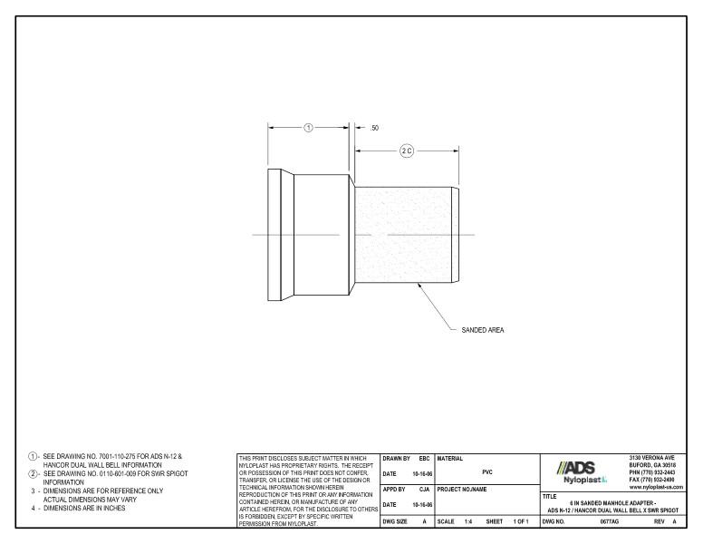 6" Sanded Manhole Adapter - N-12 Dual Wall Bell x SWR Spigot Nyloplast Detail