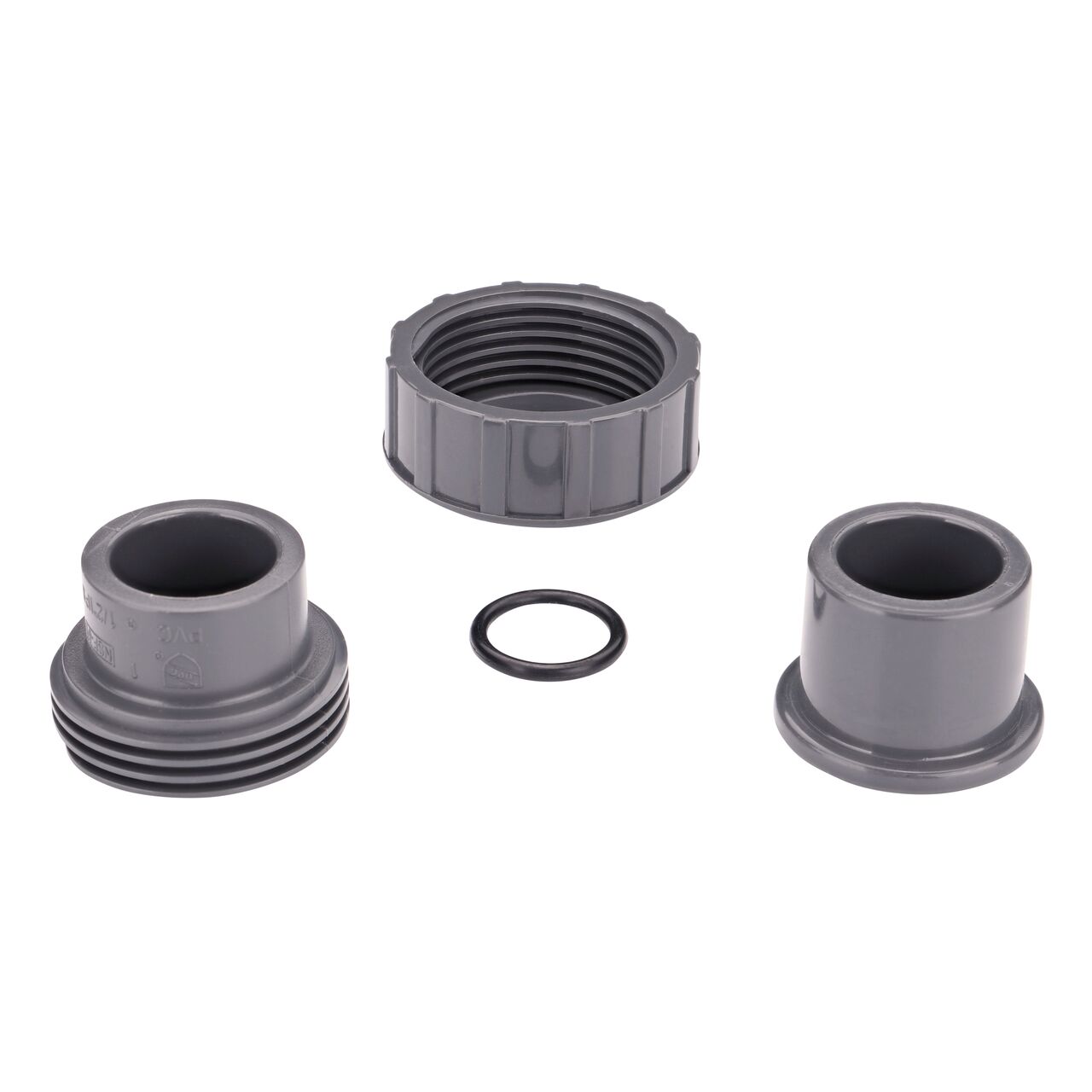 The NDS 1/2 in. PVC Union shown here unassembled, includes the EPDM O-ring that is placed in the center of the union to create a leak-resistant seal (NDS U-5000-S)