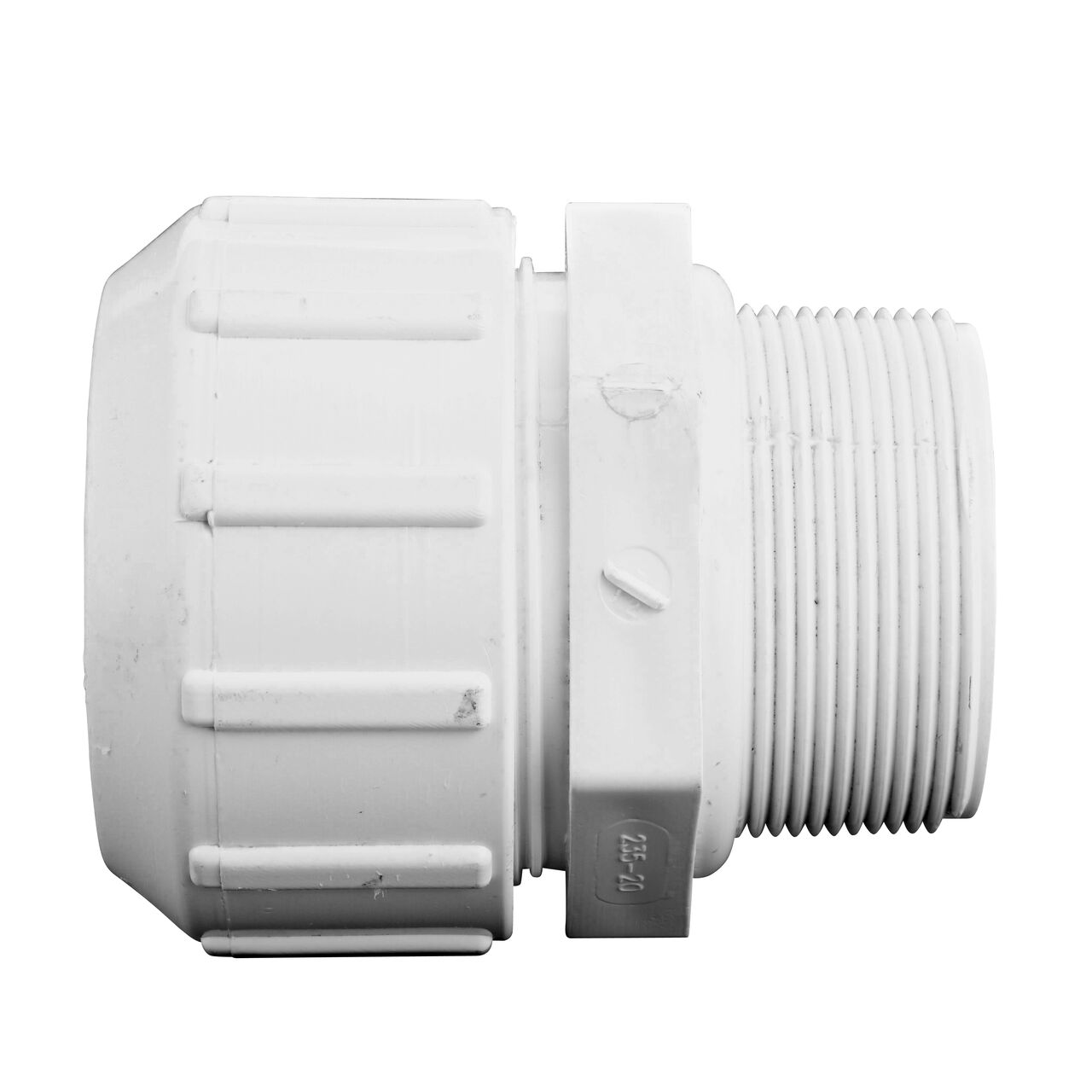 Side View of the NDS 2 in. Flo-Lock Gripper Adapter with CTS MPT end (NDS 235-20) which transports water through pipes